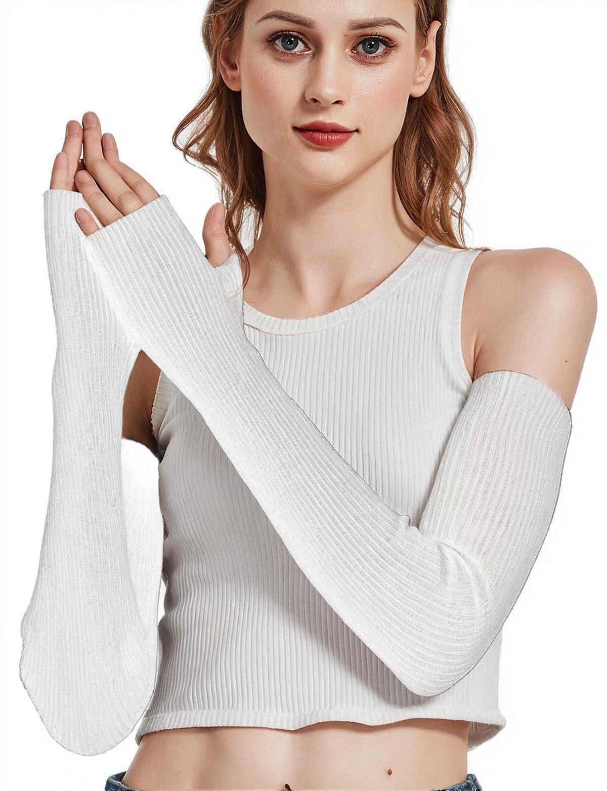 Novawo Wool Blend Warm Arm Warmers Super Soft Long Fingerless Gloves for Women