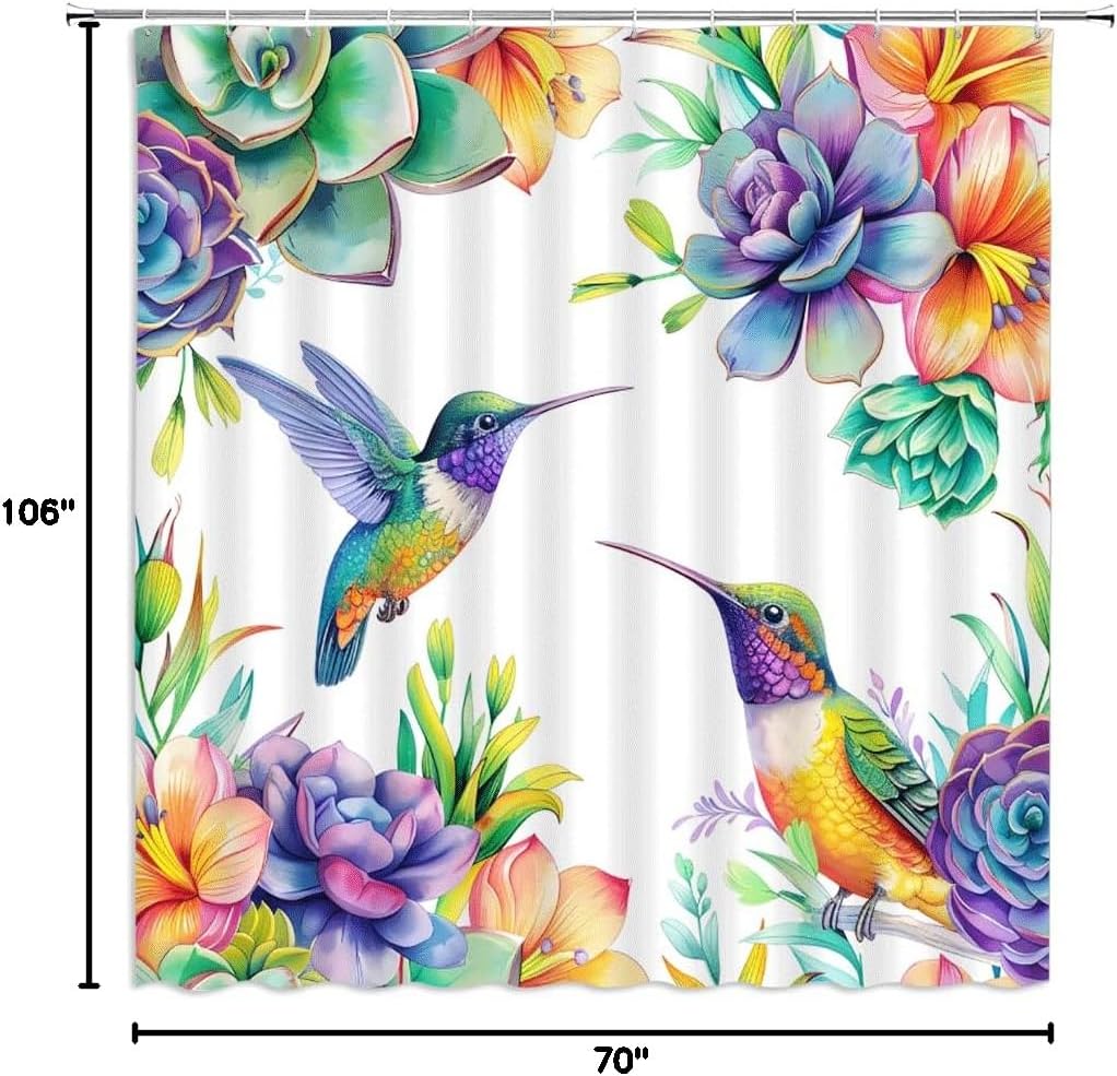 Flower Bird Shower Curtain Hummingbird Succulents Purple Floral Vintage Garden Tropical Nature Plant Rustic Animal Art Print Fabric Bathroom Decor Curtains with Hooks,106 x 70