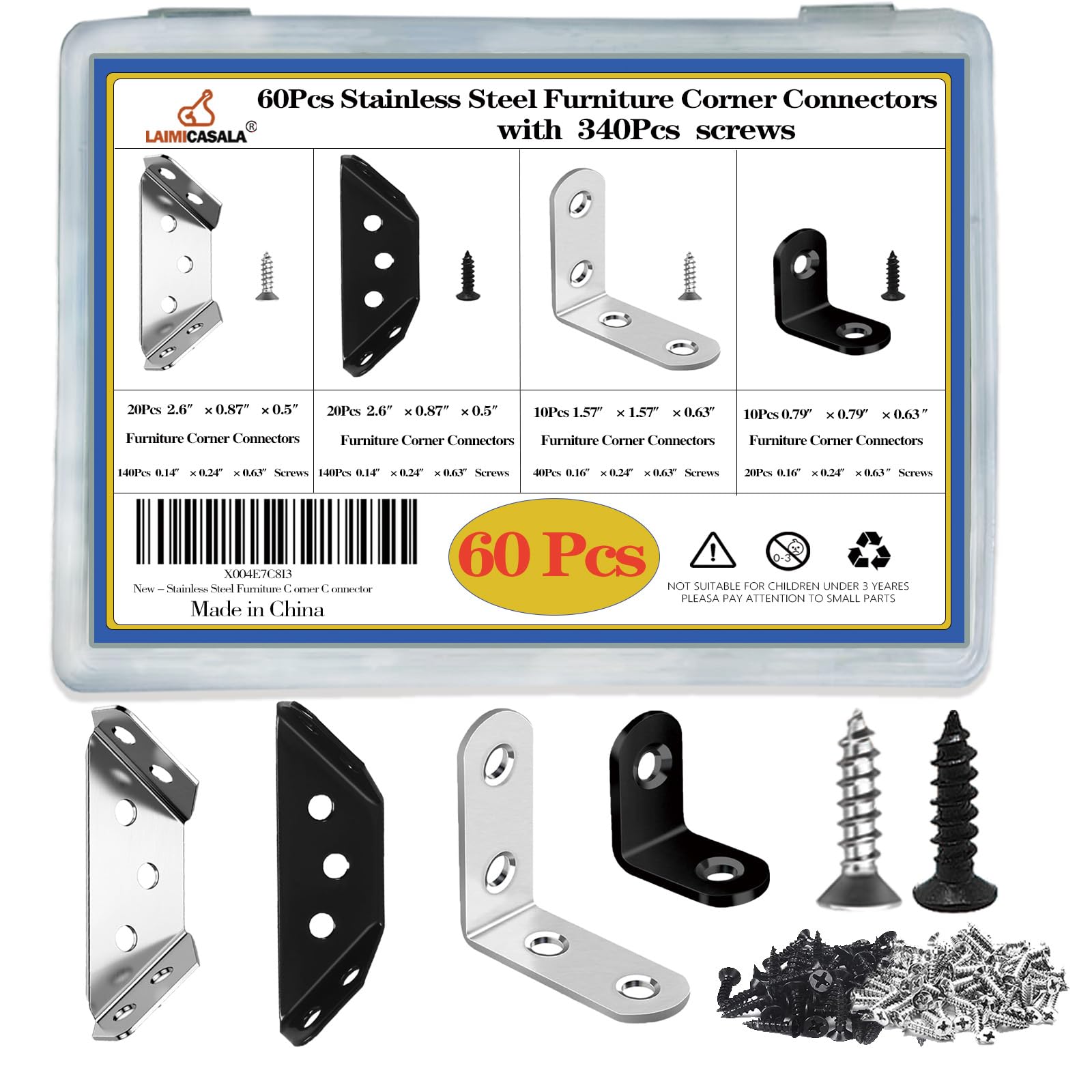 60 Pack Corner Connector, L Brackets and Shelf Brackets, Stainless Steel Angle Code with Screws, for Wood Braces, Shelves