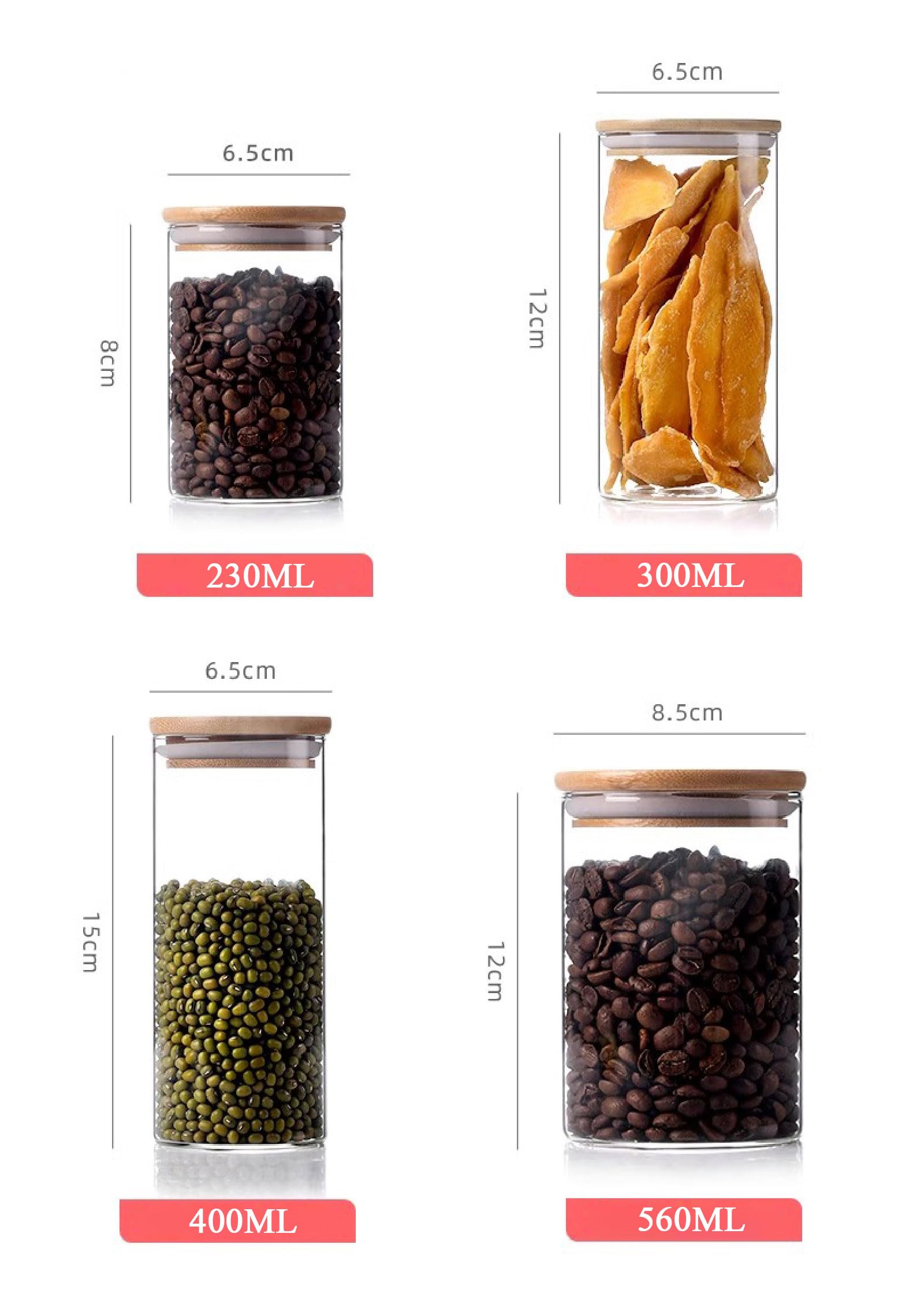 Juego de 2 Tarros de Vidrio con Tapas Herméticas, Recipientes de Almacenamiento Transparentes para Snacks, Cereales, Frutos Secos, Organizadores de Despensa,600ml