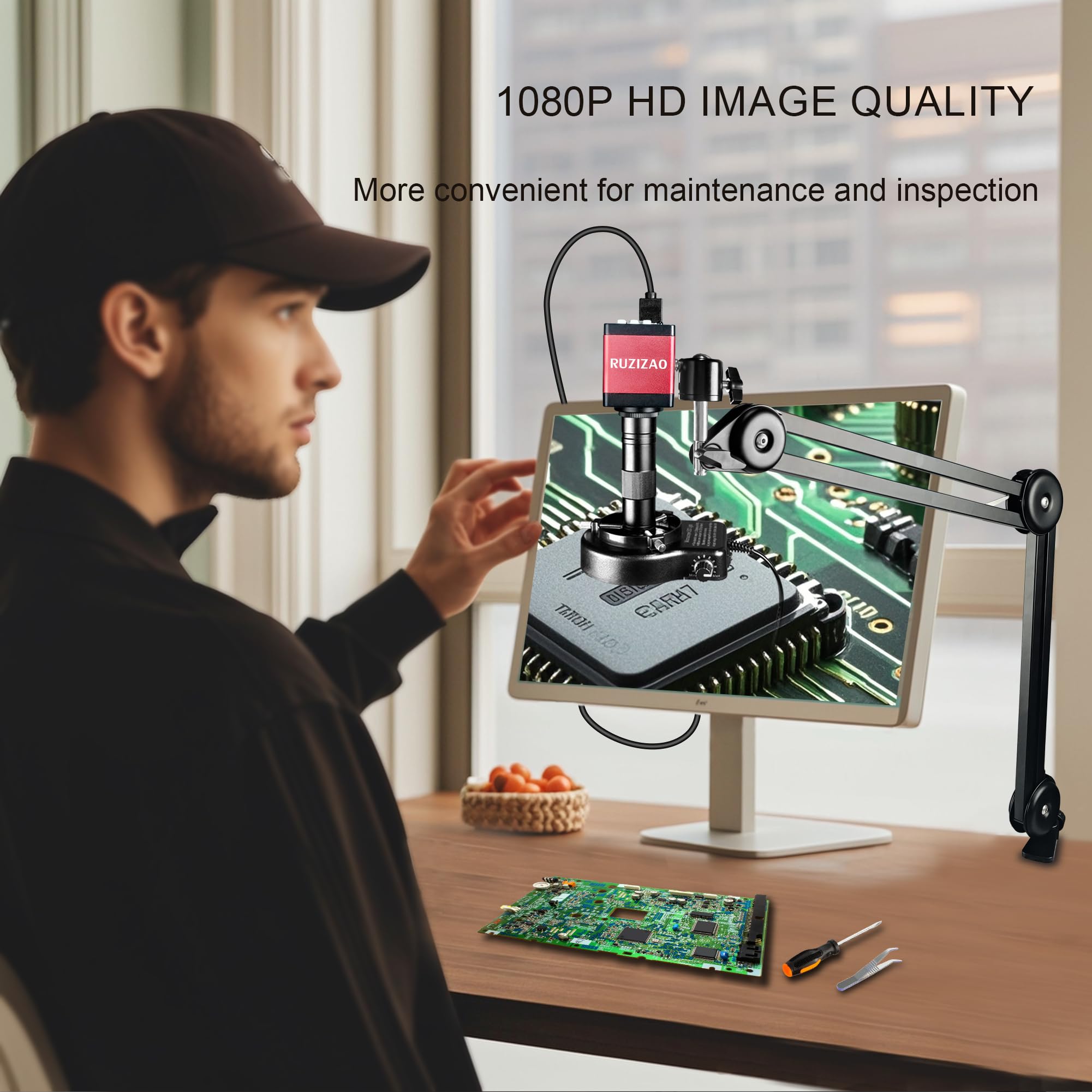 Microscope Numérique 13MP 1080P HDMI VGA 150X Zoom Caméra Industriel Objectif Monture C Support Pliable Éclairage Annulaire LED