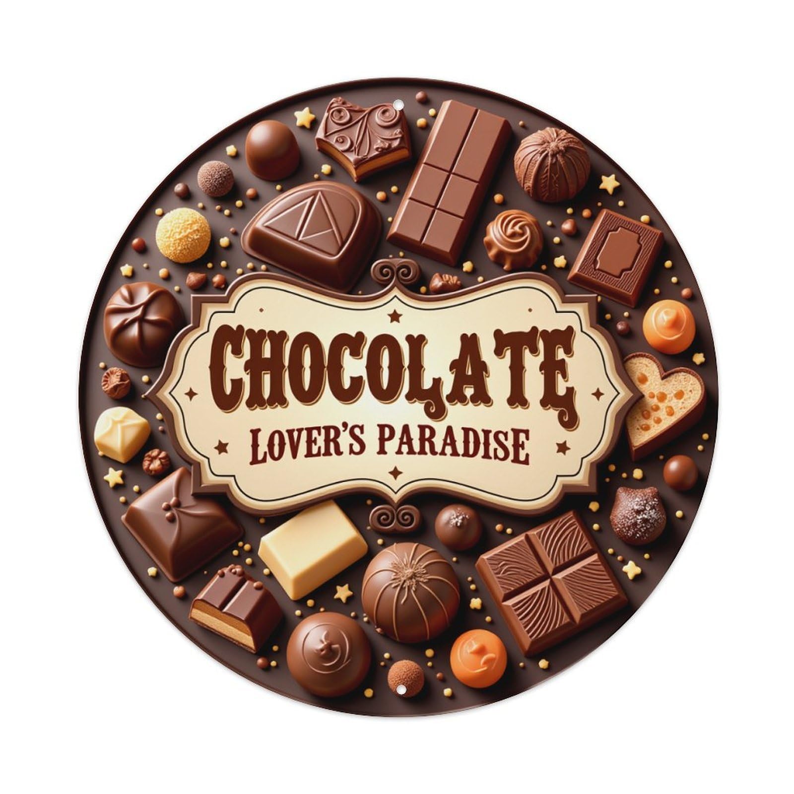 Chocolate Lover's Paradise Pattern Print Round Tin Sign Vintage Metal Poster, Home Bar Garage Man Cave Cafe Indoor & Outdoor Wall Decoration 8x8Inches