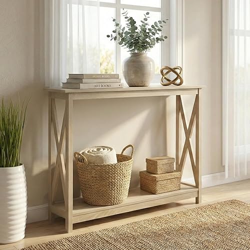 Rainbow Sophia Mesa consola, moderna mesa de madera de granja para entrada/sofá con almacenamiento de 2 niveles, 39 pulgadas, roble blanco Washed