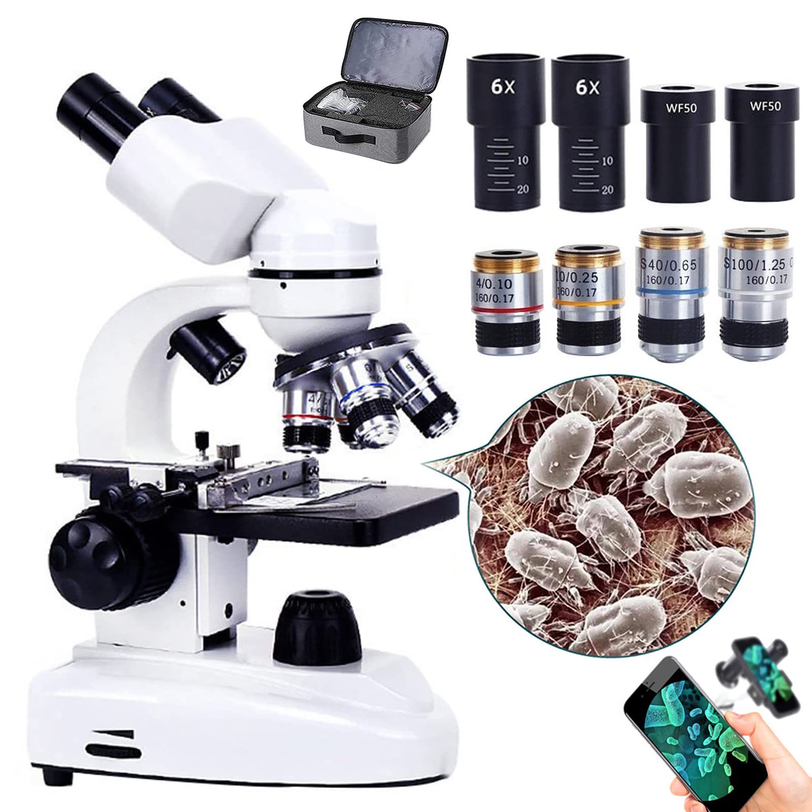 30000x/50000x/70000x Microscopes, Compound Binocular Microscopes + Luxury Handbag + Phone Holder, With Mechanical Platform Slides Set, For Lab School,70000X