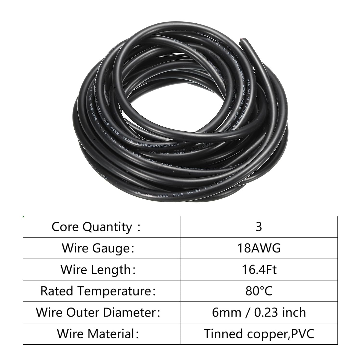 MECCANIXITY 18AWG Electrical Wire 3 Conductors 16.4Ft Power Cable Flexible Extension Signal Cable Black for LED Strips Lamps Lighting Power Supply