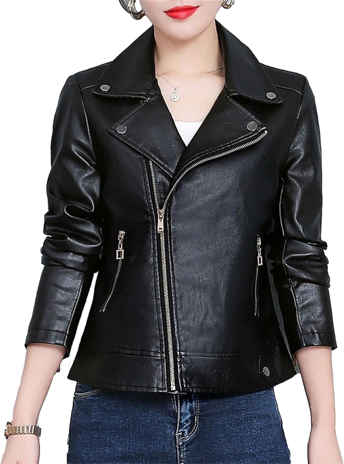 Women's Blazer Collar Solid Spring Fall Coat Slim Fit Cropped Coat Jacket Faux Leather Zip Up Outerwear