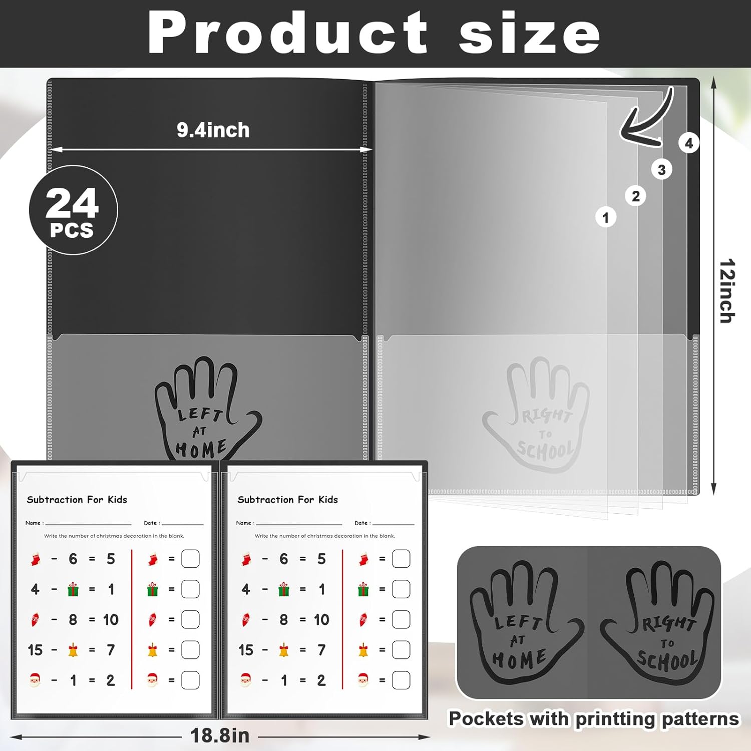 Henoyso 24 Pcs Plastic Take Home Folders with 2 Pockets and 4 Sleeves, Heavy Duty School to Home Folder with Clear Front Pocket for School Classroom Students Parent Teacher Communication (Black)