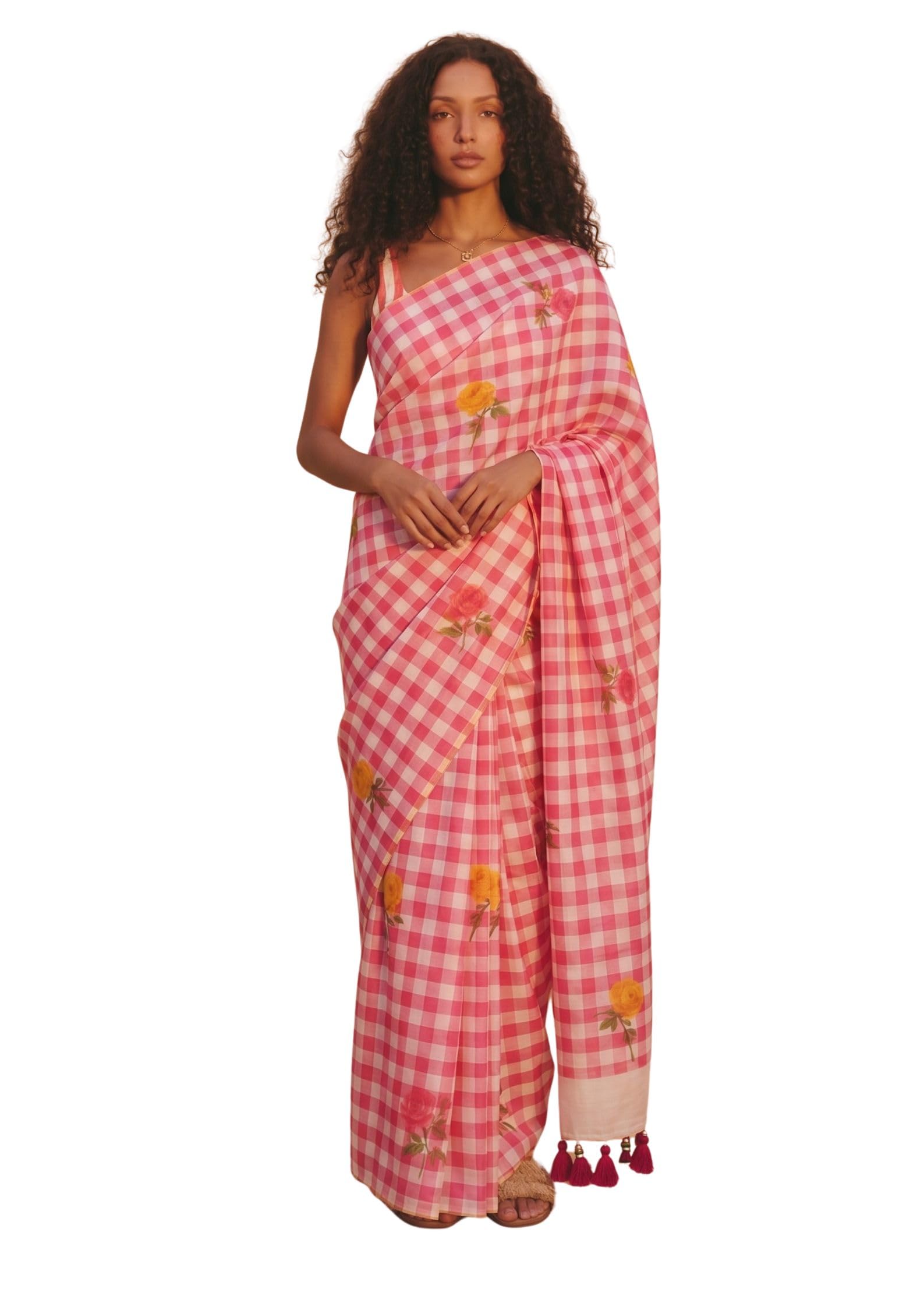 Saans Cotton Linen Saree for Women with Blouse Piece | Pink & White Gingham Checks Floral Printed Saree | Soft Lightweight Casual Wear Saree-image-22