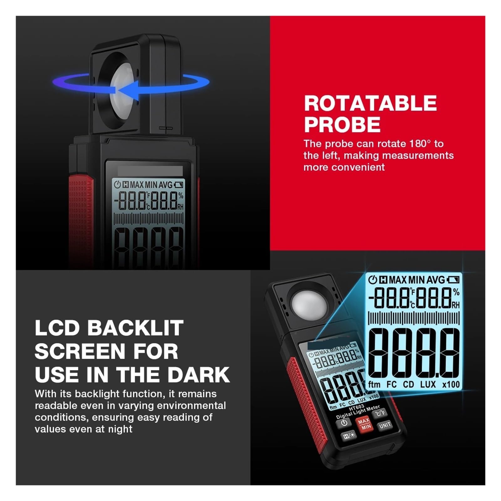 Luxómetro Digital 200000 Lux FC medidor de iluminancia fotómetro probador con Humedad y Temperatura Ambiente para Interior y Exterior