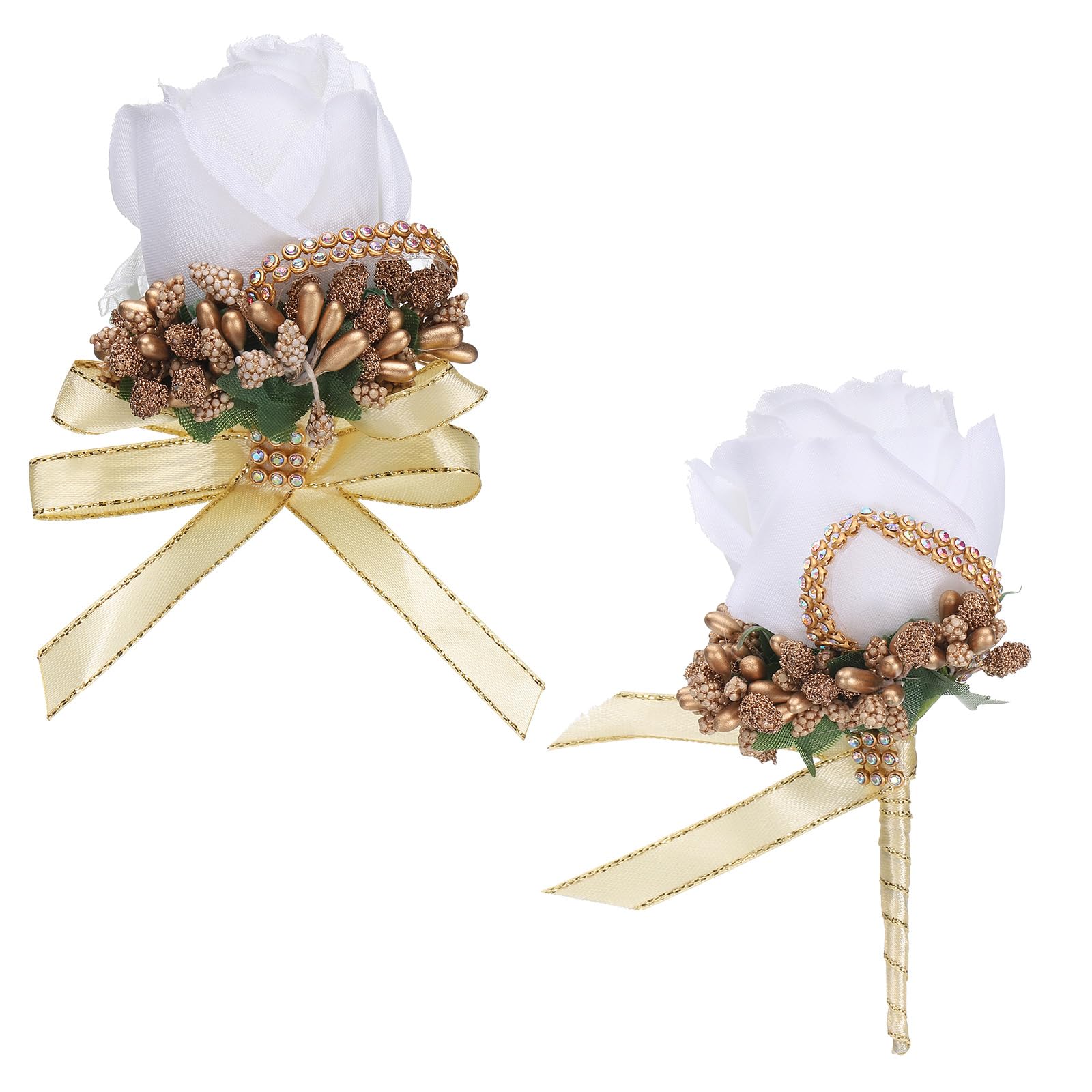 sourcing map Wrist Corsage and Boutonnieres Set Handmade Artificial Bride Hand Flower Corsages Men Buttonholes Pocket Boutonnieres for Bride Groom Wedding Anniversary, White/Gold