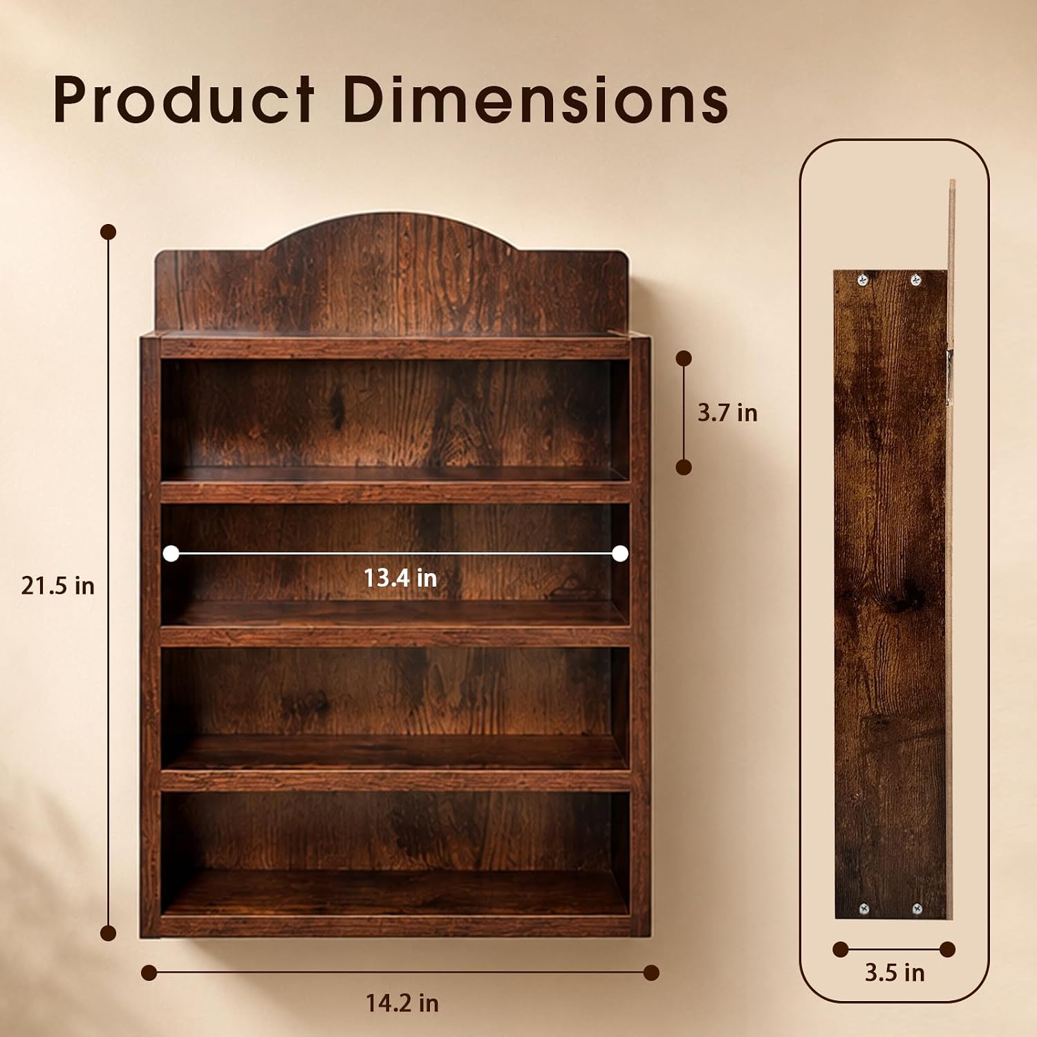 Vintage Spice Rack Wall Mounted, 4 Tier Wooden Spice Organizer Shelf for 24 House-Shaped Jars, Farmhouse Kitchen Decor Display Shelf, Rustic Brown image 2