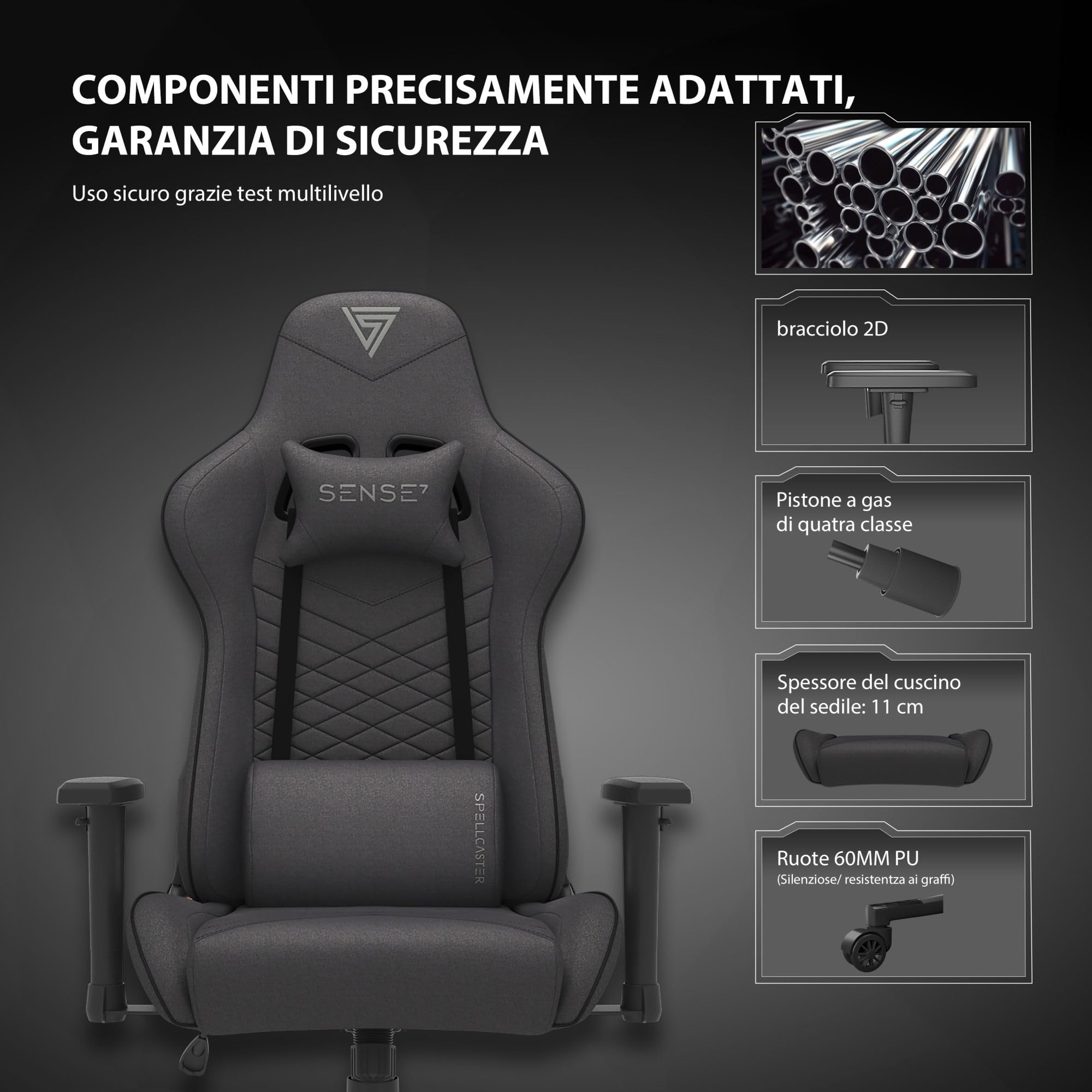 SENSE7 Poltrona da gioco Spellcaster, ergonomico con cuscini lombari regolabili, inclinazione regolabile, sedia da gioco con oscillazione, sedia da ufficio in similpelle 150kg, sedia PC nera-rossa