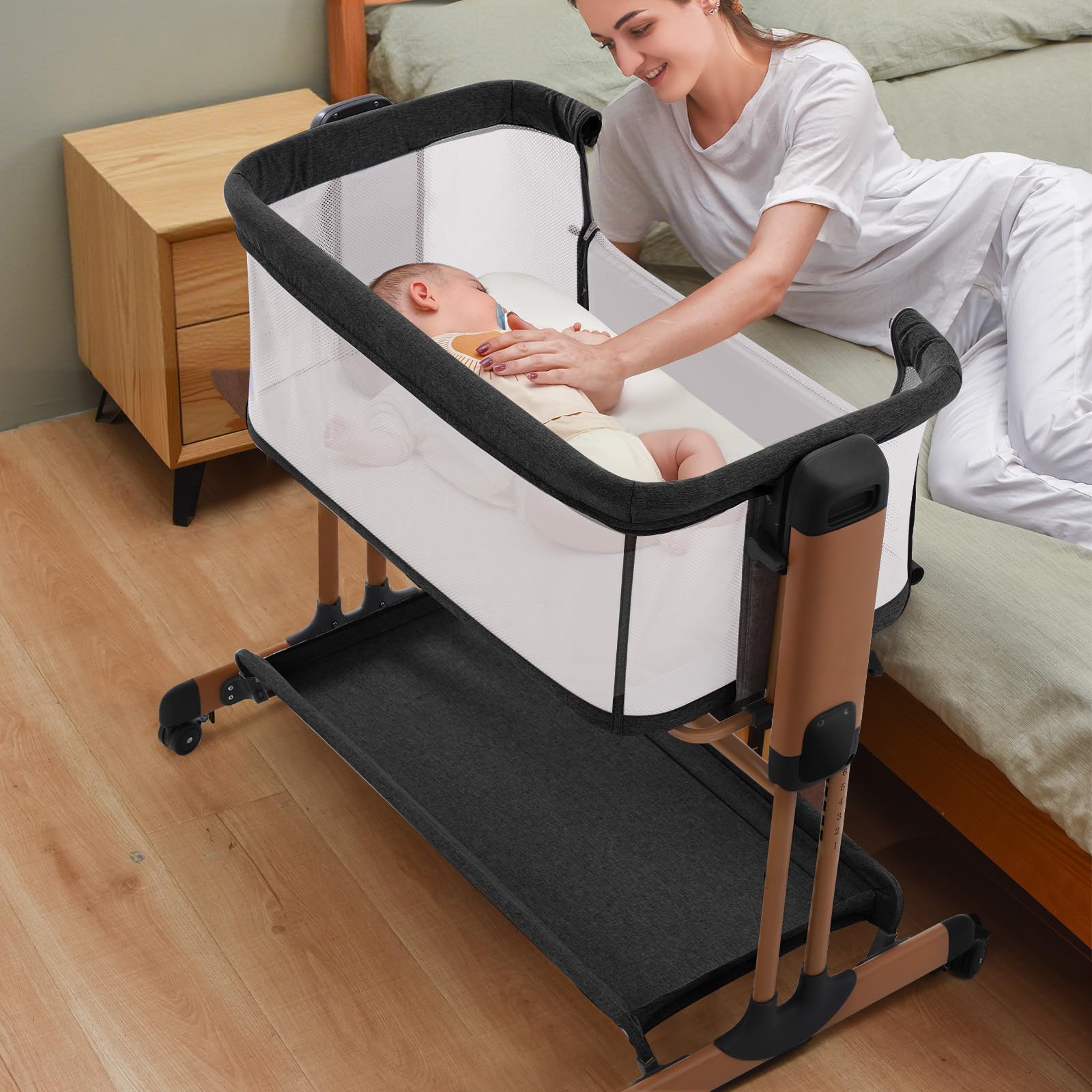 Soobaby 3 in 1 Baby Bassinet, Rocking Bassinets with Comfy Mattress and Wheels, Adjustable Height Bassinet Bedside Sleeper, Easy Folding Portable Crib for Newborn (Black)