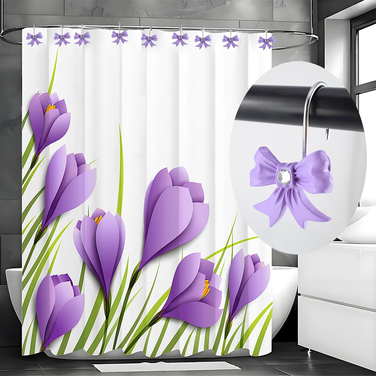 Shower Curtain Hooks,12pcs Purple Decorative Bow Knot Shower Curtain Rings for Girl Bathroom Art Decors image 2