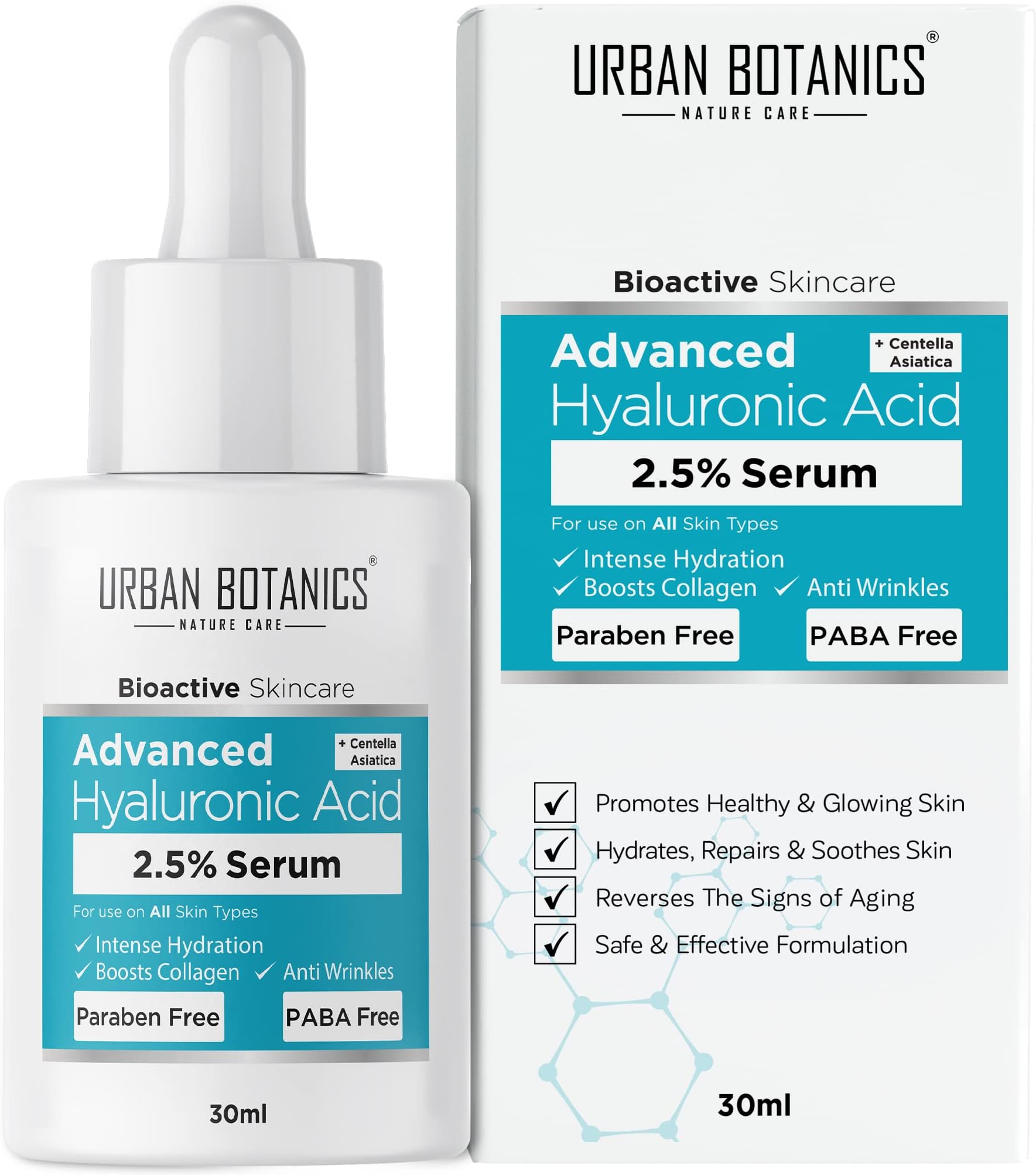 UrbanBotanics 2.5% Hyaluronic Acid Serum for Intense Hydration, Glowing Skin & Fines Lines | Daily Hydrating Face Serum For Women & Men with Dry, Normal & Oily Skin, 30 ml