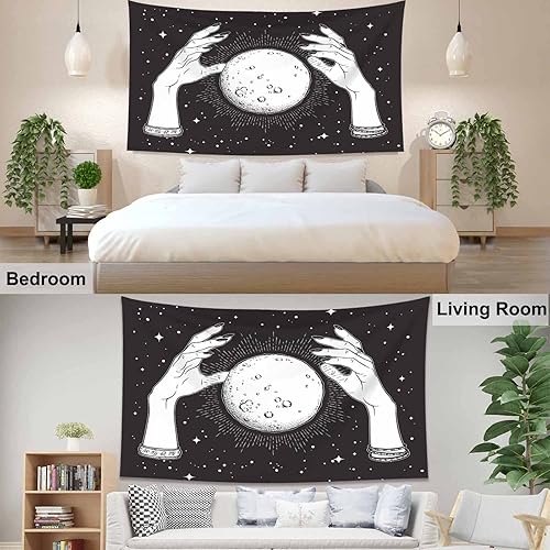 Miniatura 4 de Pznen Tapices góticos negros de luna, tamaño grande, 80 x 60 pulgadas, luna llena con rayos de luz en manos de fortuna, tapiz para dormitorio,