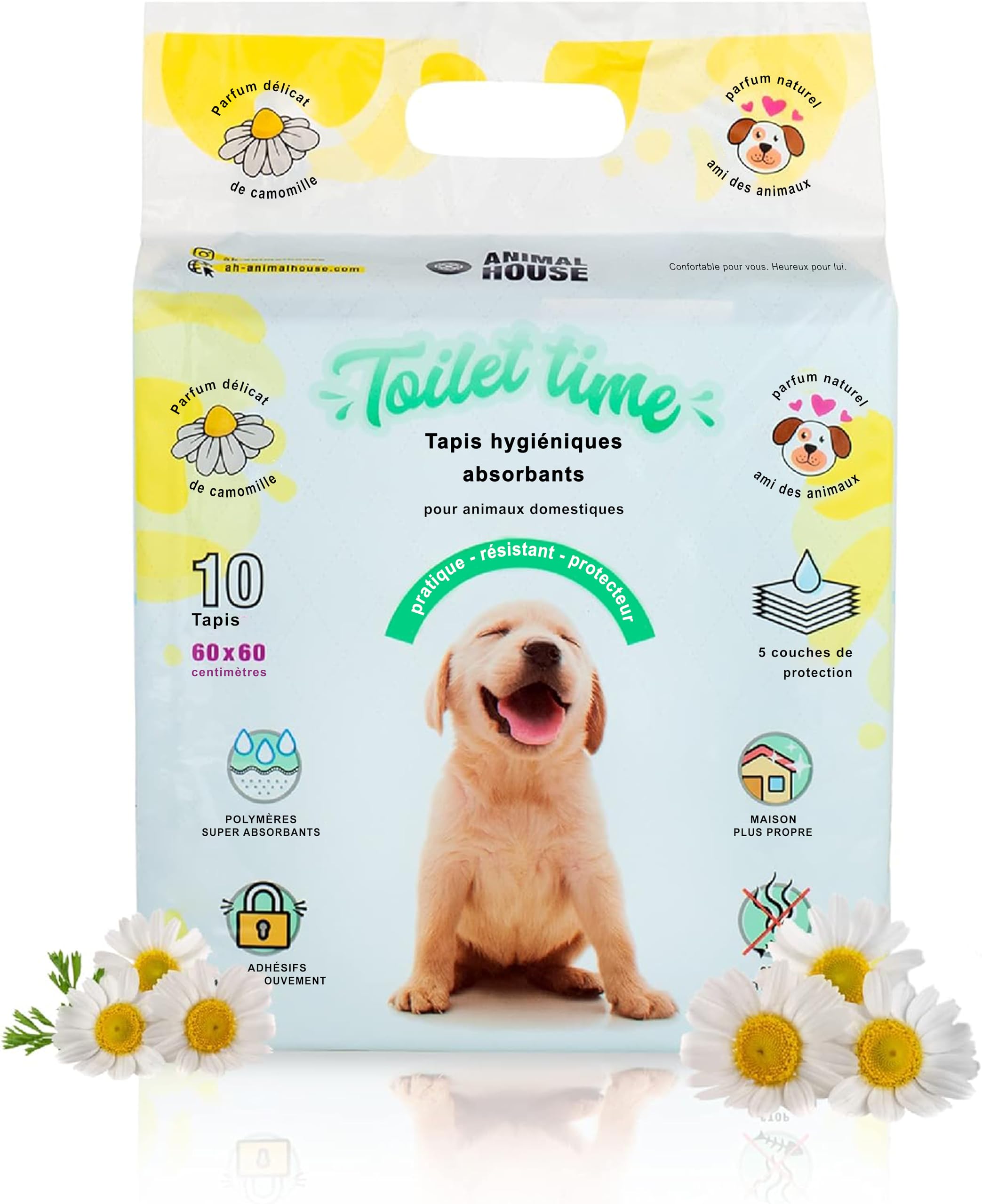 Animal House - 40PCS Tapis Hygiéniques Absorbants Camomille - Haute Absorption - sans Poussière - Retient Les Odeurs - Protège la Maison - (60x60 cm 40), Blanc/Bleu