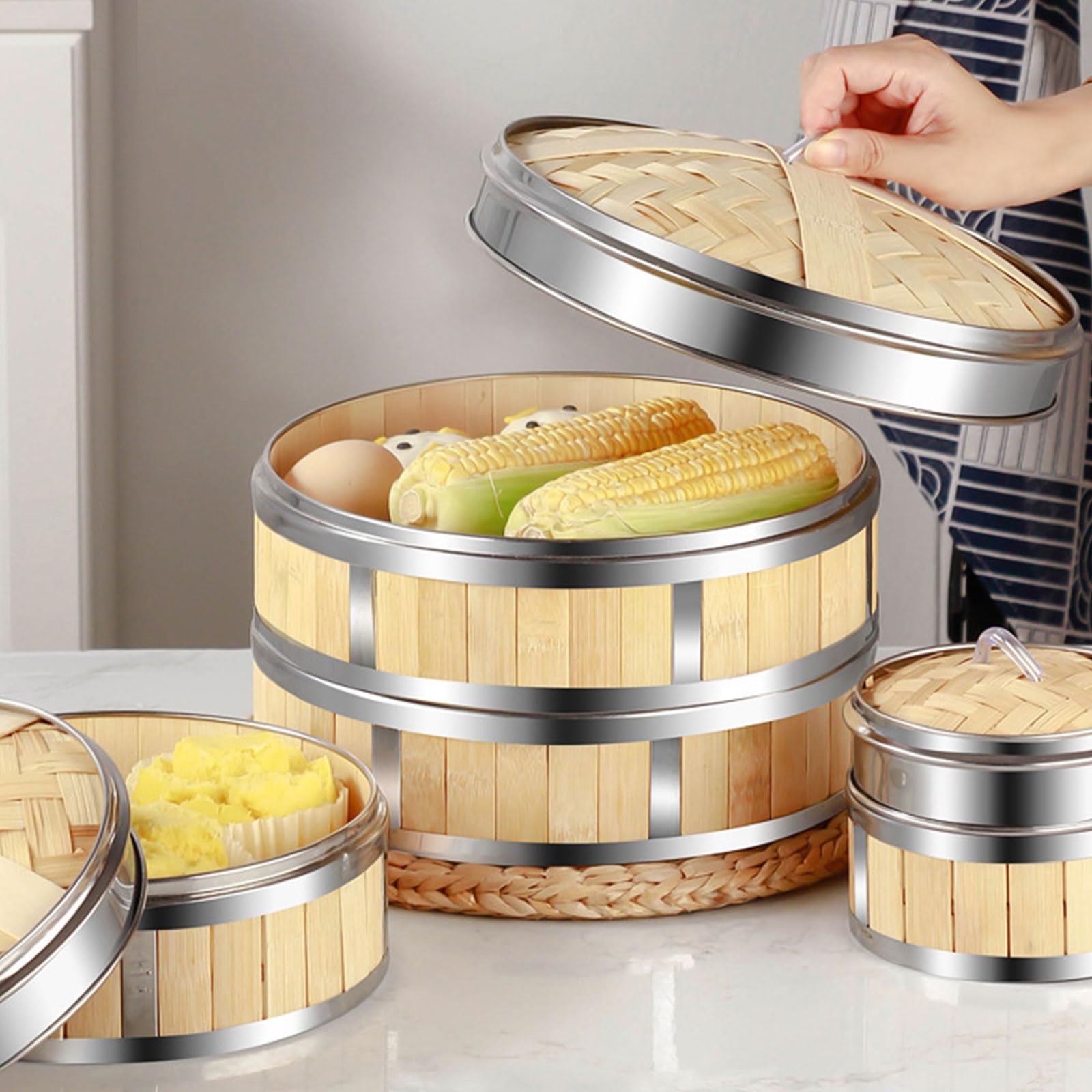 AIZYR Vaporera China De 3 Niveles Vaporera De Bambú con Tapa Cesta Vaporera De Bambú Reutilizable para Cocinar Arroz, Dim Sum, Pescado, Carne,7 Inch