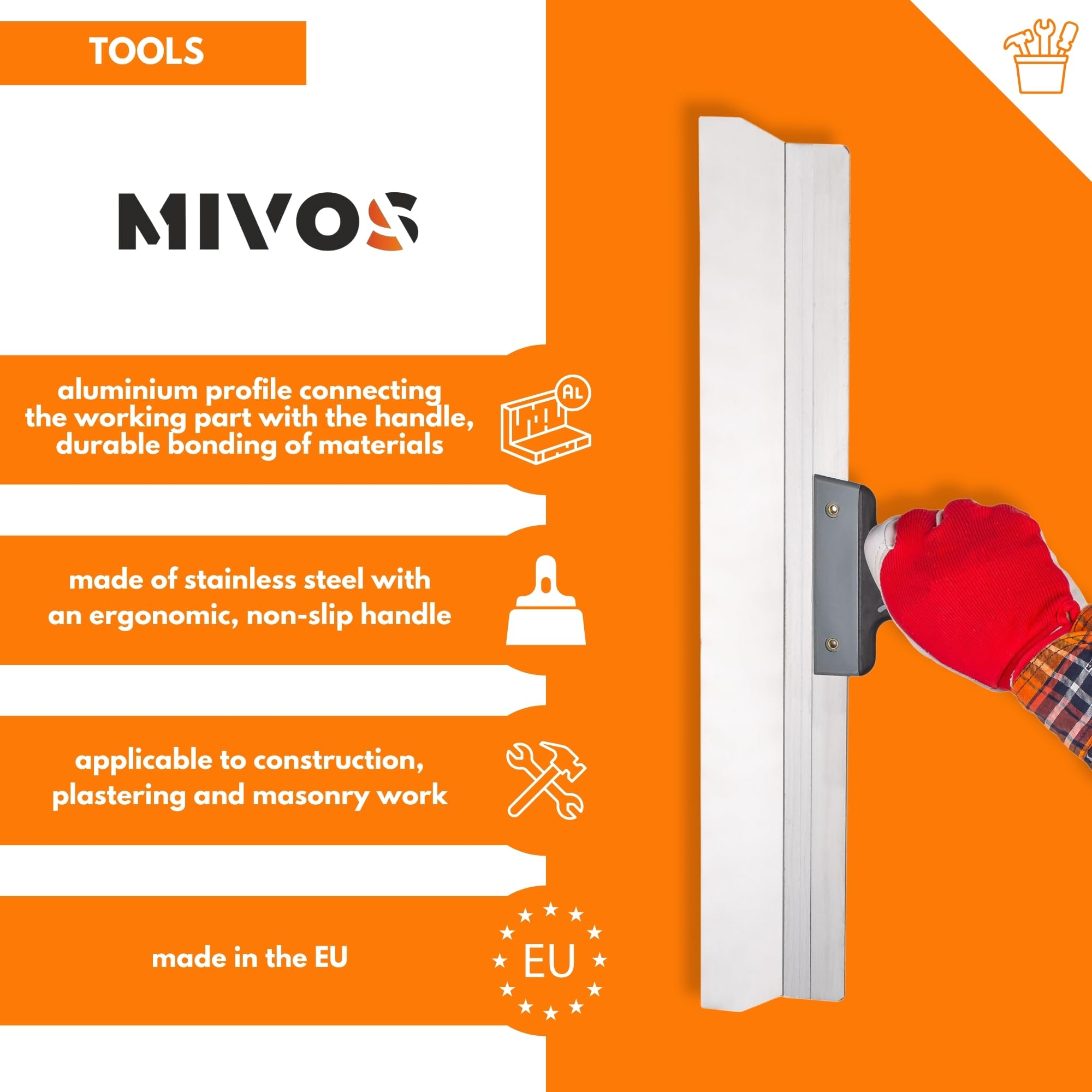 Mivos Couteau à Enduire de Façade avec Lame Large en INOX 600 mm - Couteau à Mastic pour Lisser les Grandes Surfaces - Spatule de Façade avec Soft Poignée - Made in EU