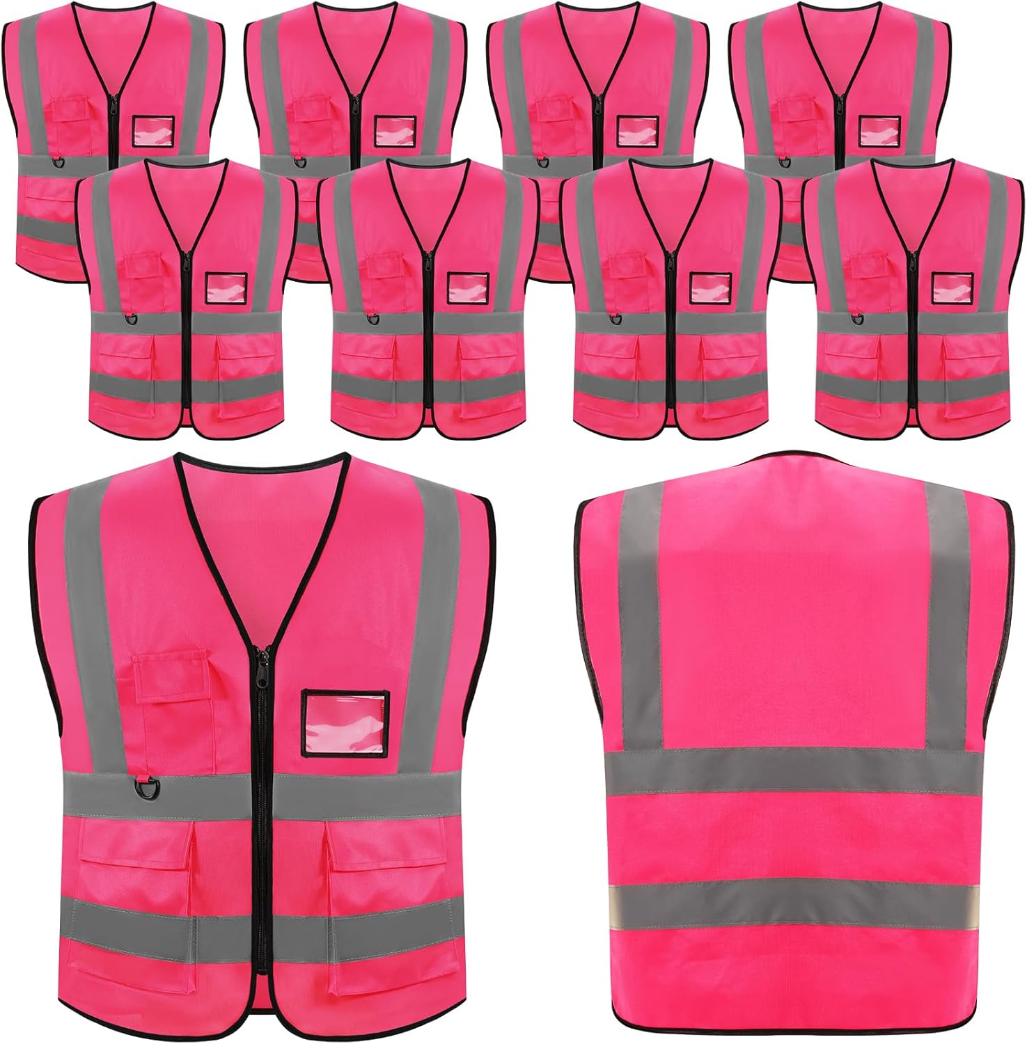 Jeffbaubl 10 Pcs Reflective Vest, High Visibility Construction Vest, Reflective Vests with Pockets and Zipper, Work Vests for Men Women(Pink)