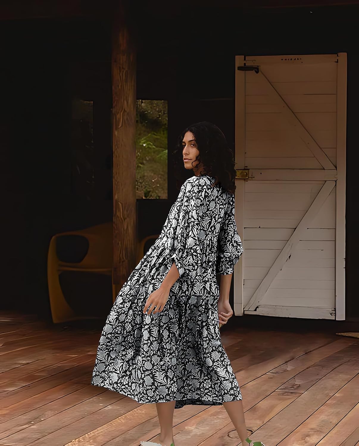 Casual Summer Dresses for Women Swing Floral Half Open Collar Boho Puff Sleeve Loose Midi Beach Dress - Image 2