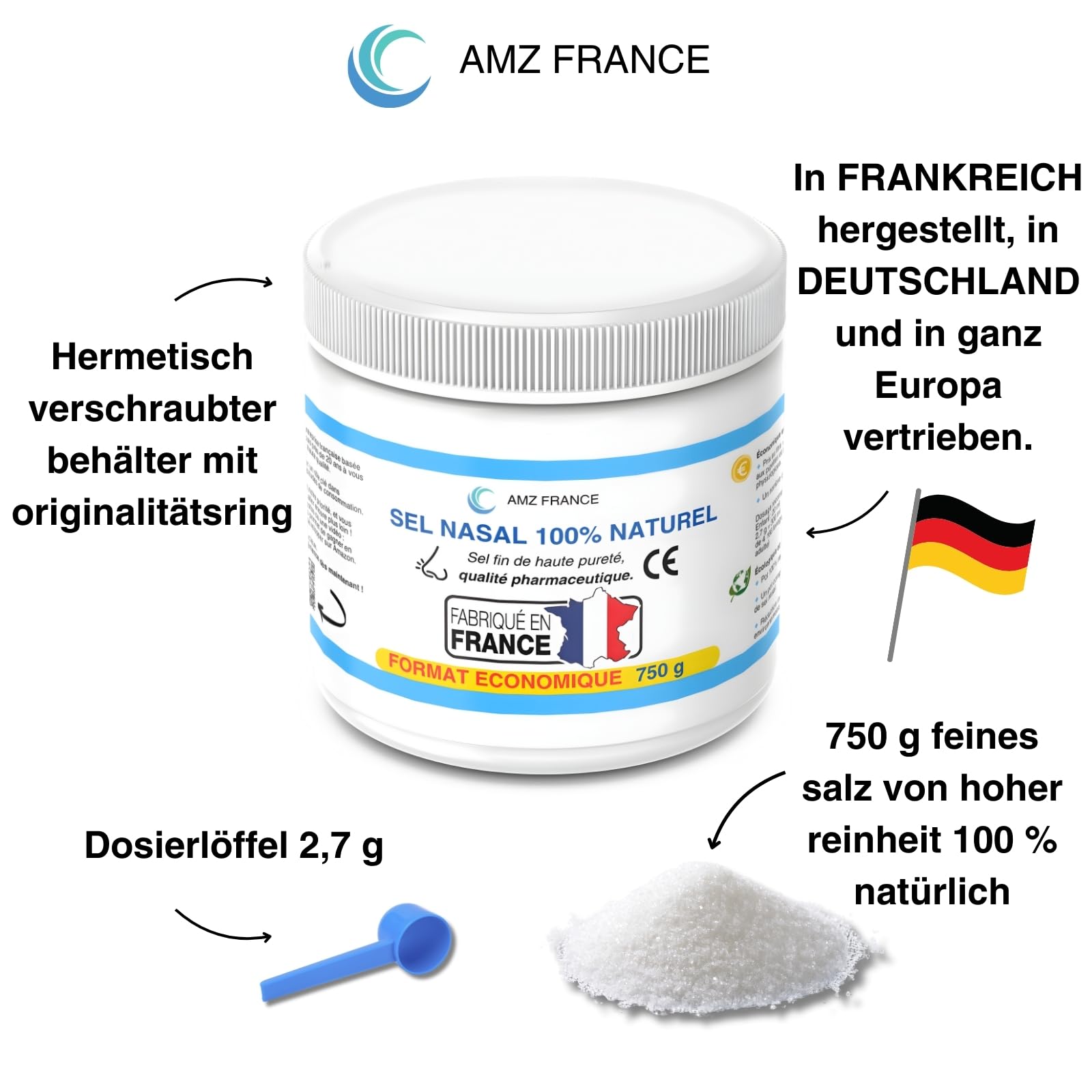Nasenspülsalz 750g, 100% Natürlich, Pharmazeutische Qualität | Hergestellt in FRANKREICH - 277 Nasenspülungen (XXL-Box) - Kind Erwachsener - Wellnessprodukt