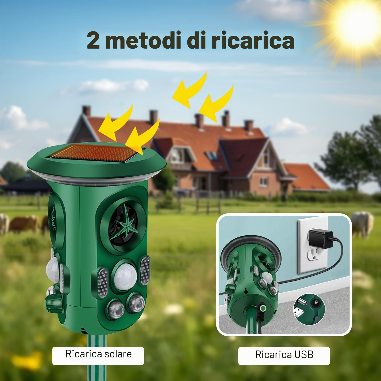 Dissuasore per Gatti Esterno, Repellente per Gatti 360 Gradi per Giardino, Ultrasuoni Piccioni 4 Modalità Repellente per Cani Uccelli, Volpi, Procioni