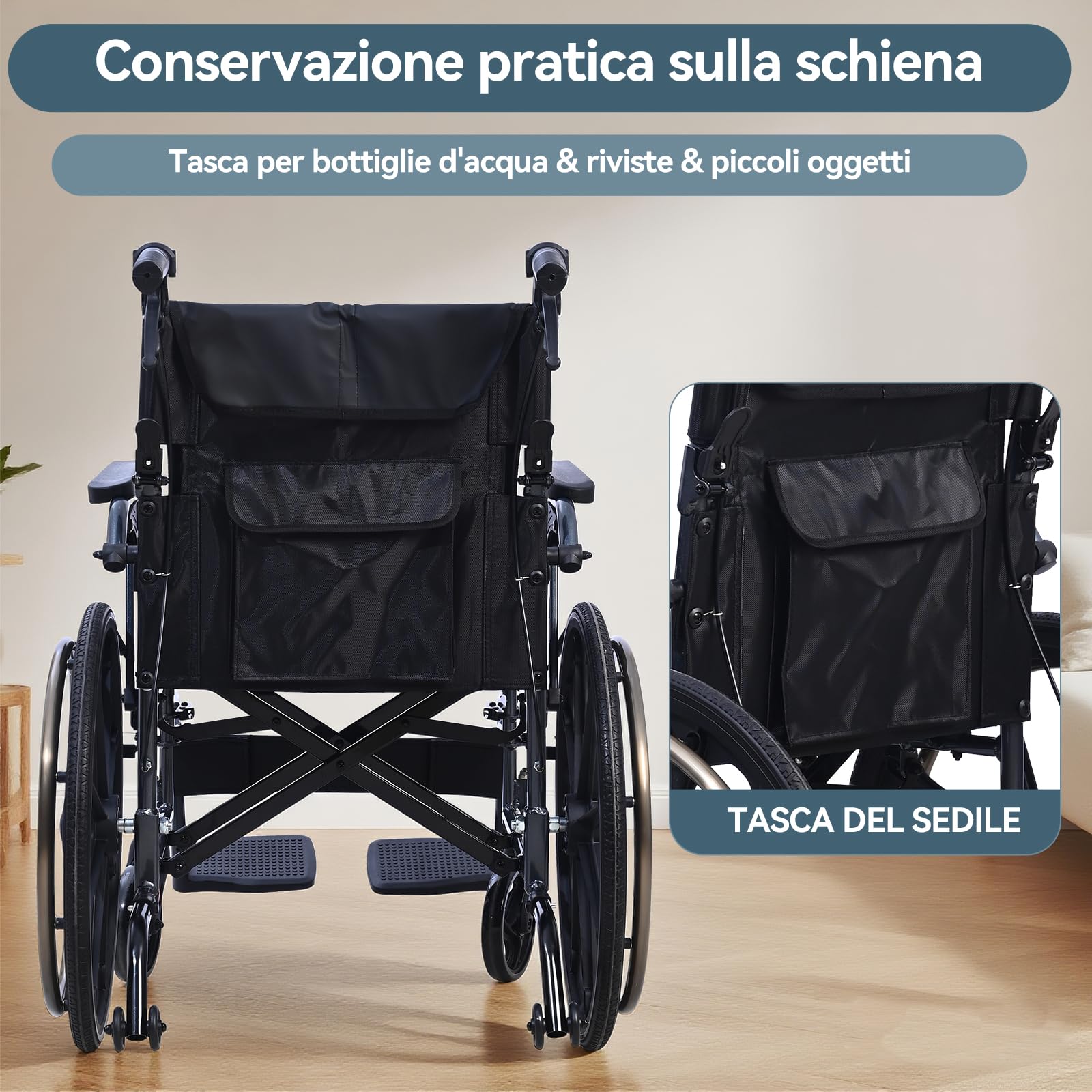 M4 Sedia a rotelle pieghevole autopropulsata per adulti(11KG), seduta ampia 46cm, con poggiapiedi rimovibili, ruote antiribaltamento e doppio sistema frenante, robusta e resistente, portata 100KG-Nero