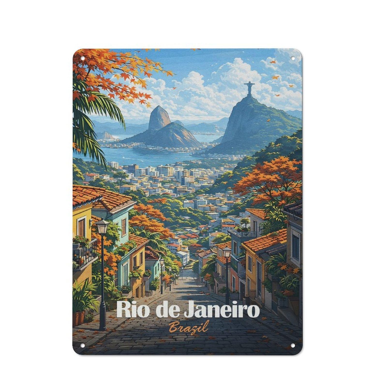 Junmoney Style-17 Old Style Rio De Janeiro Cityscape With Christ The Redeemer Metal Sign 40X30cm, Bar Wall Plaque For Diner, Restaurant, Shed Or Kitchen