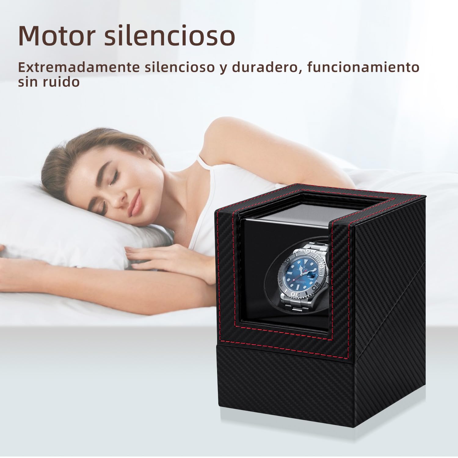 Mcbazel Cargador de Reloj para Relojes automáticos, Caja de Cargador de Reloj de Cuero de PU con patrón de Fibra de Carbono y Enchufe EU - Negro/Rojo