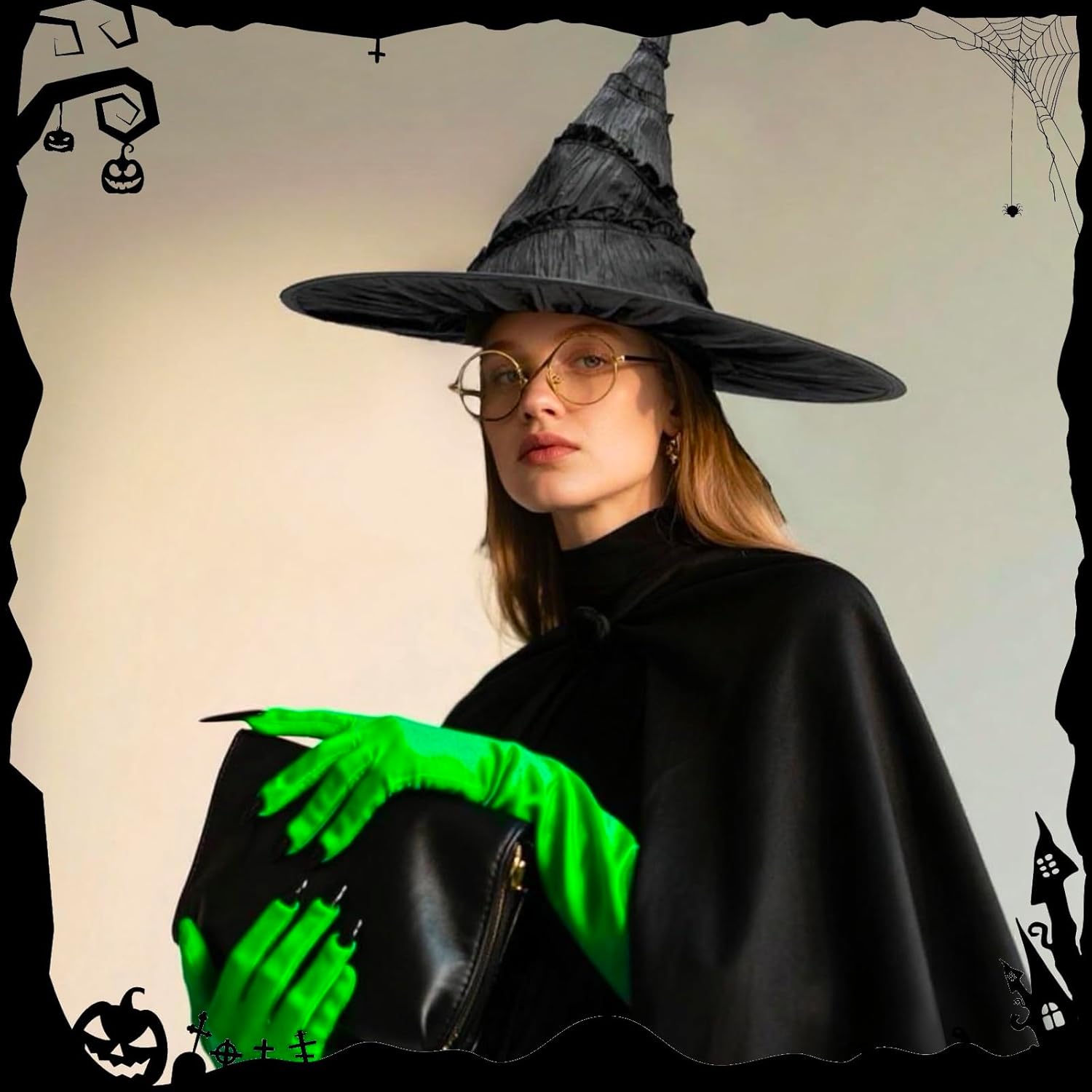 Witch Costume Accessory Set – Black Pointed Hat, Round Glasses, Green Claw Gloves & Velvet Cape for Halloween, Cosplay & Dress-Up - Image 6