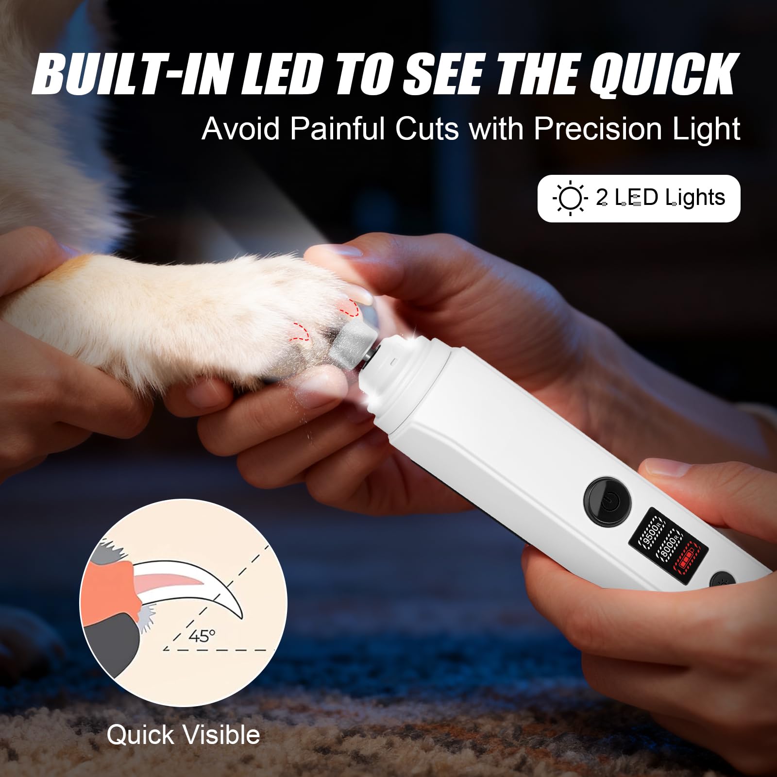 Dog Nail Grinder,2026 New Updated Quiet Electric 2-Speed Professional Pet Nail Grinder with Quick Sensor, Rechargeable Painless Trimmer for Large to Small Dogs & Cats, LED Light & Guard - image 7