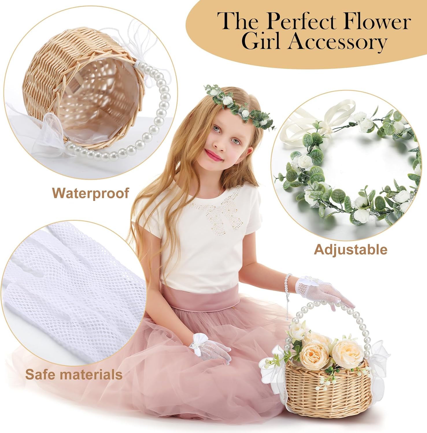 Riceshoot 4 Pack Flower Girl Baskets Set Flower Girl Jewelry Accessories for Wedding Include Canastas Para Flores Headpiece Pearl Bracelet Lace Gloves(Rustic)