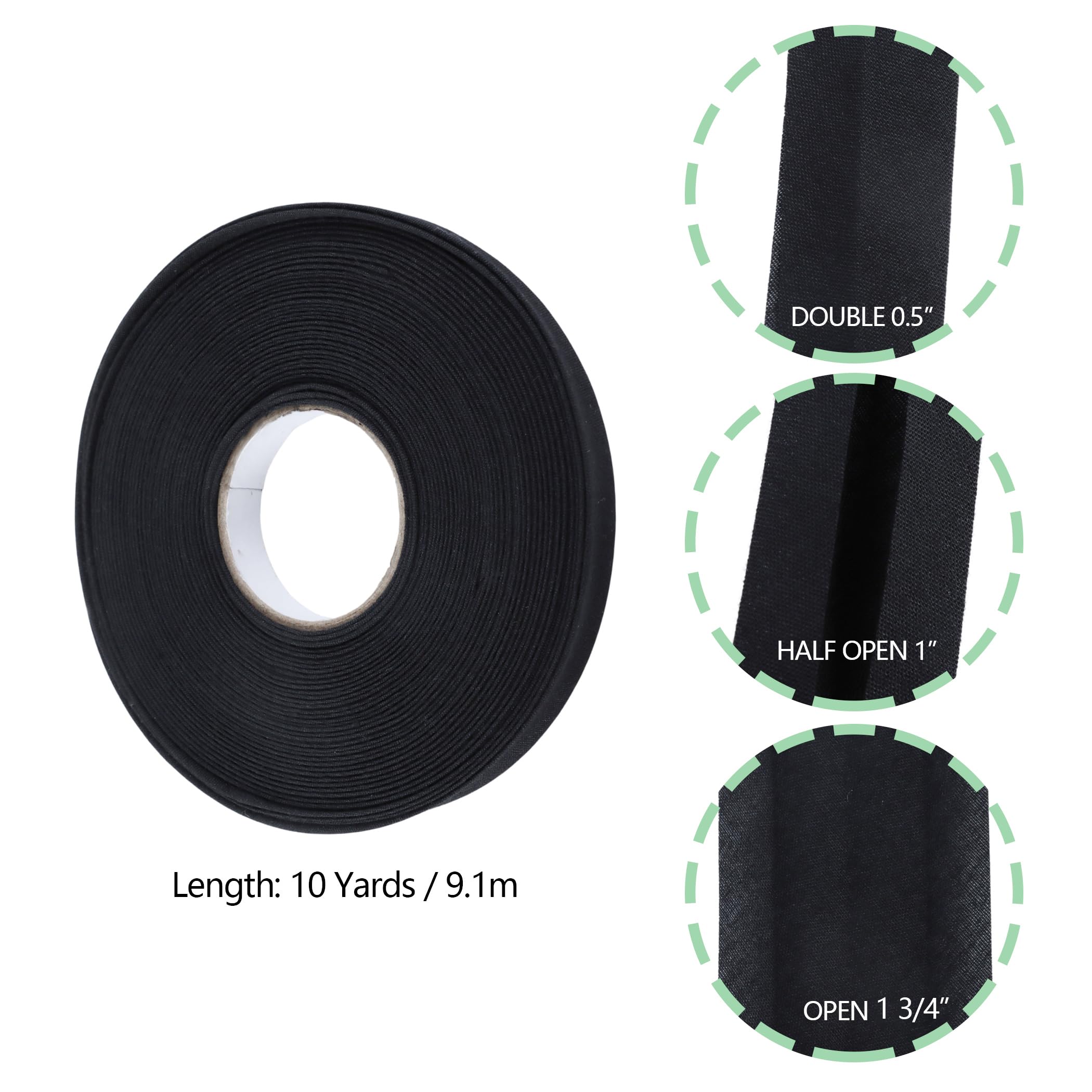 Cinta al bies de doble pliegue de 1/2 pulgada, cinta de encuadernación al bies de 10 yardas, cinta de tela para costura, dobladillo, costura, acolchado (negro)