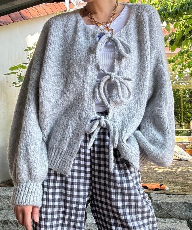 Image of Women Tie Front Oversized Knitted Cardigan Y2k Girls Knitwear Sweater Top Lantern Sleeve Open Front Cardigan (Grey, M)