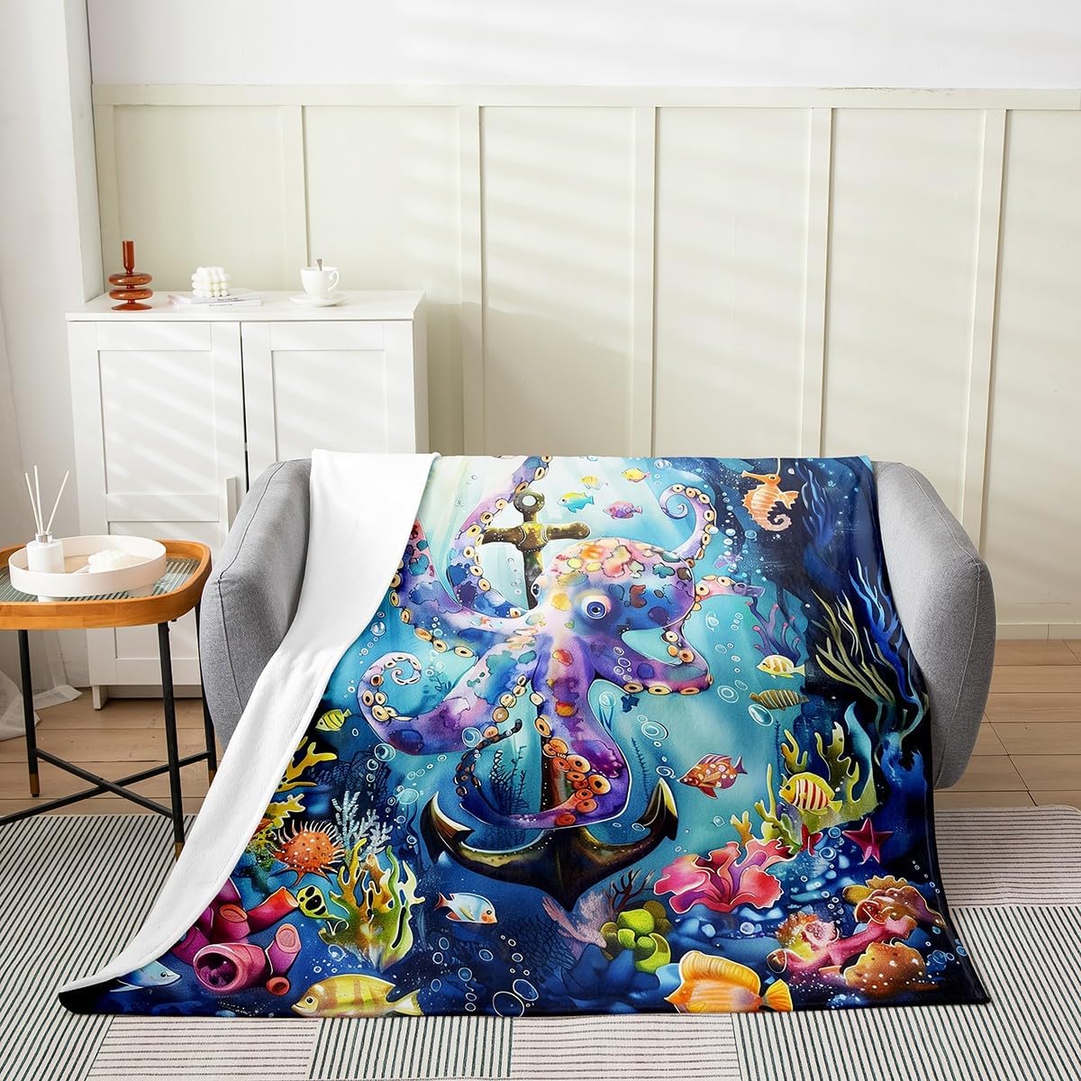 Ocean Octopus Fleece Blanket,Undersea Animal Colorful Coral Seaweed Bed Blanket for Kids Teens,Nautical Anchor Adventure Flannel Blanket for Room Decor,Queen 90"x90"