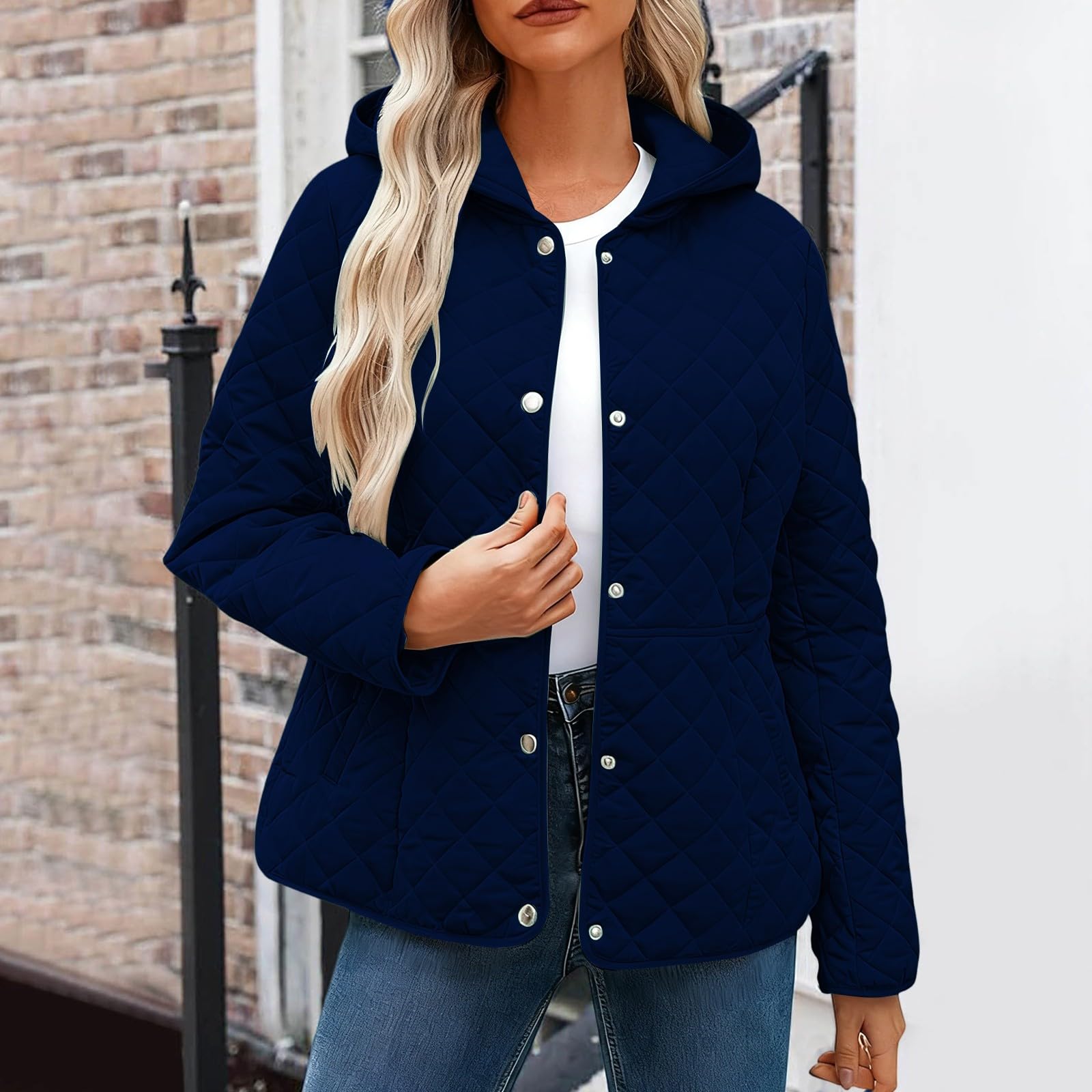 HAOLEI Chaqueta Acolchada Mujer de Invierno Chaquetas Ligera con Capucha Casual Abrigo Acolchado de Manga Larga con Botones Color Sólido Cómoda Cazadora de Algodón Termico Moda Outwear con Bolsillos