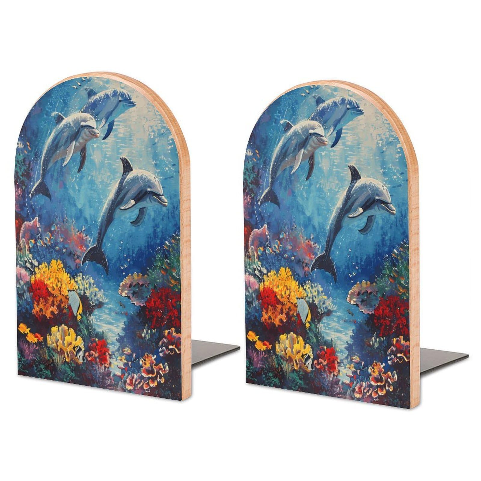 Seabed Coral Fish Dolphins Bookend for Shelves Non-Skid Book Holder Modern Heavy Duty Bookend Stopper Metal Base Wood Book End Books Shelf Holder Home Decorative 1pair 6.7x3.9x4.7