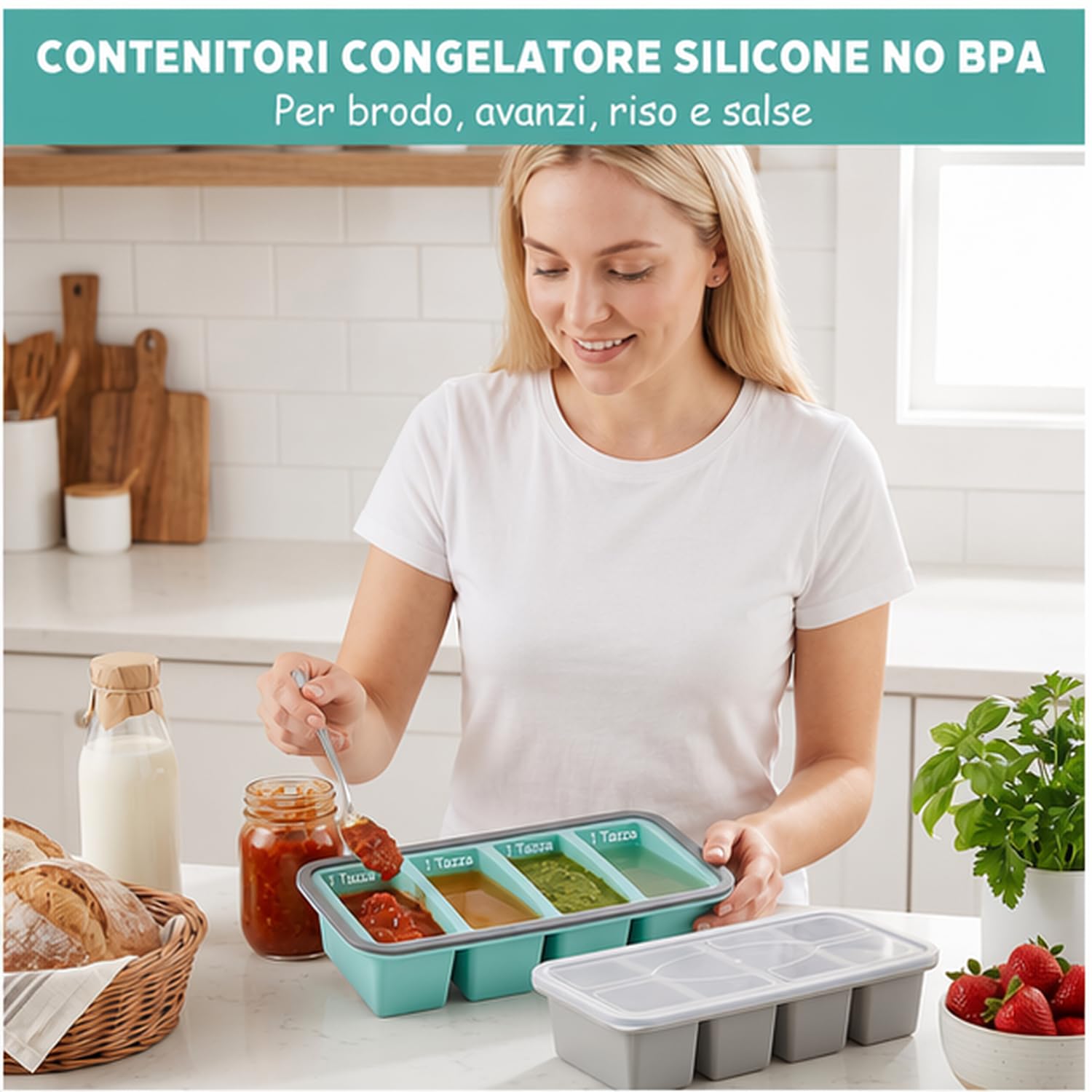 Set di 2 Contenitori Silicone per Freezer, Senza BPA 4 Cavità Contenitore Ghiaccio Freezer con Coperchi per Zuppe, Brodo, Salse e Cubetti Di Ghiaccio (1000 ml)