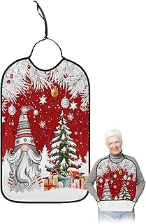 Adult Bibs for Elderly Women - Red Christmas Gnomes Waterproof Dining Clothing Protectors with Crumb Catcher for Eating/Feeding, Xmas Tree Balls Winter Snowflake Terry Cloth Bib Machine Washable