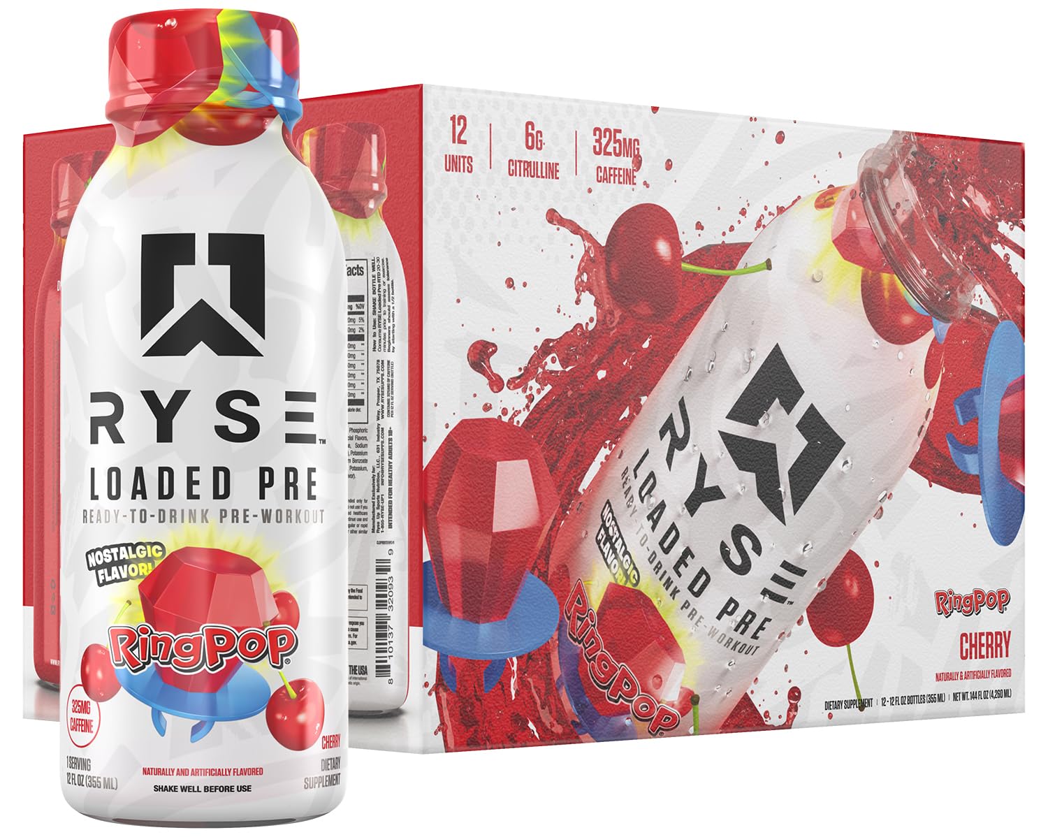 RYSE Loaded Pre Workout Drink - Ring Pop Cherry - Sugar-Free, Ready to Drink Energy Supplement with 325mg Caffeine, Citrulline & Beta Alanine for