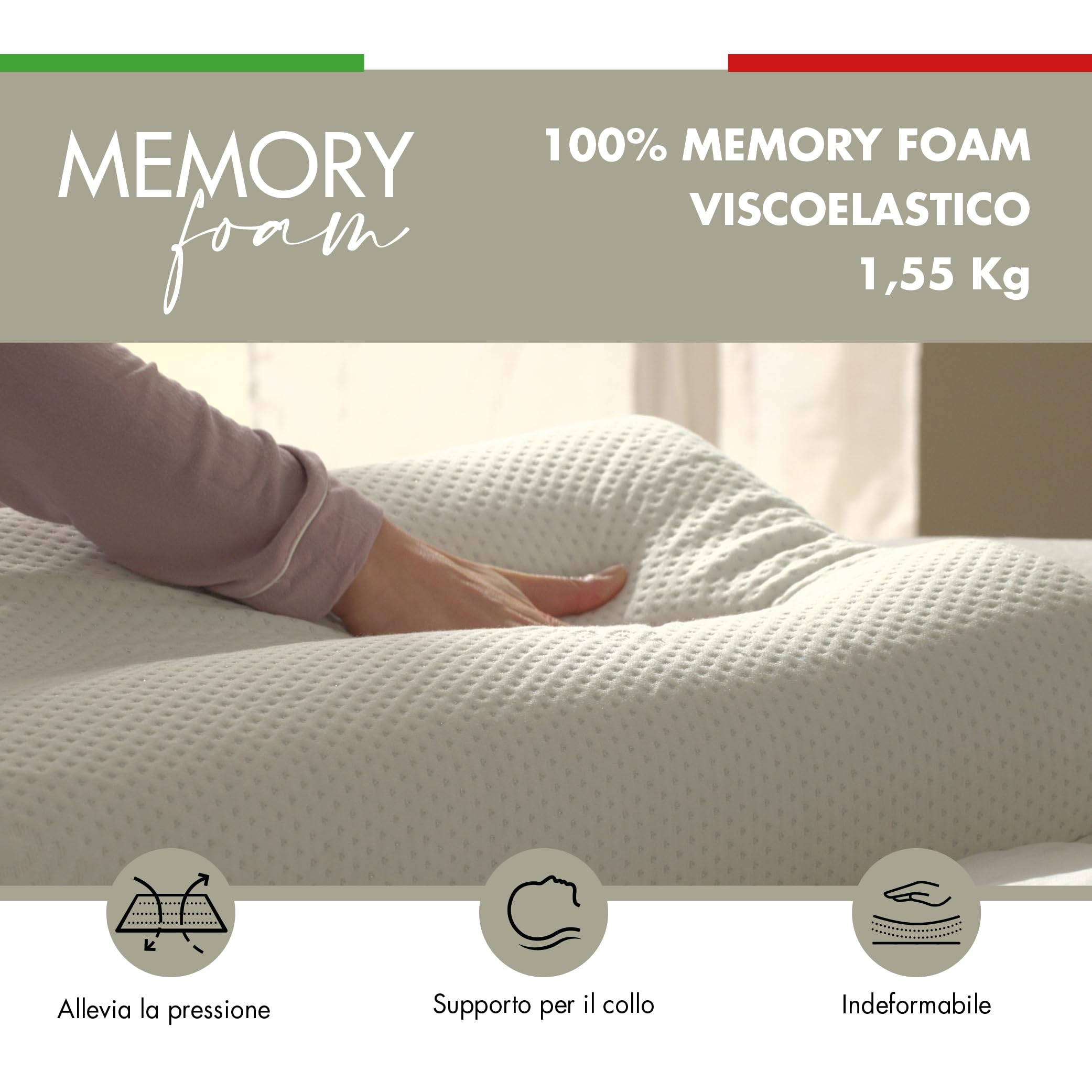 EMTEX Cuscino Cervicale Anallergico Memory Foam Sfoderabile Guanciale Silver Antibatterico Antiacaro Supporto Anatomico Made in Italy.