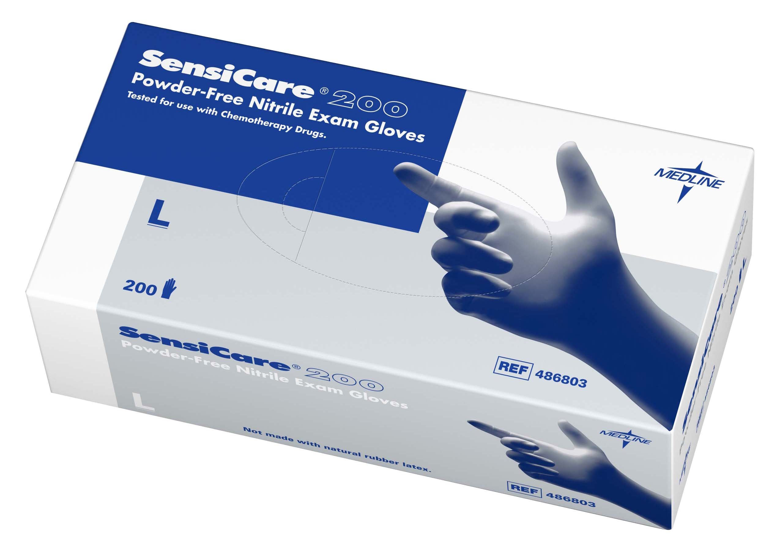 Medline - 486803R SensiCare 200 Nitrile Exam Gloves, Disposable, Powder-Free, Blue, Large, Box of 200