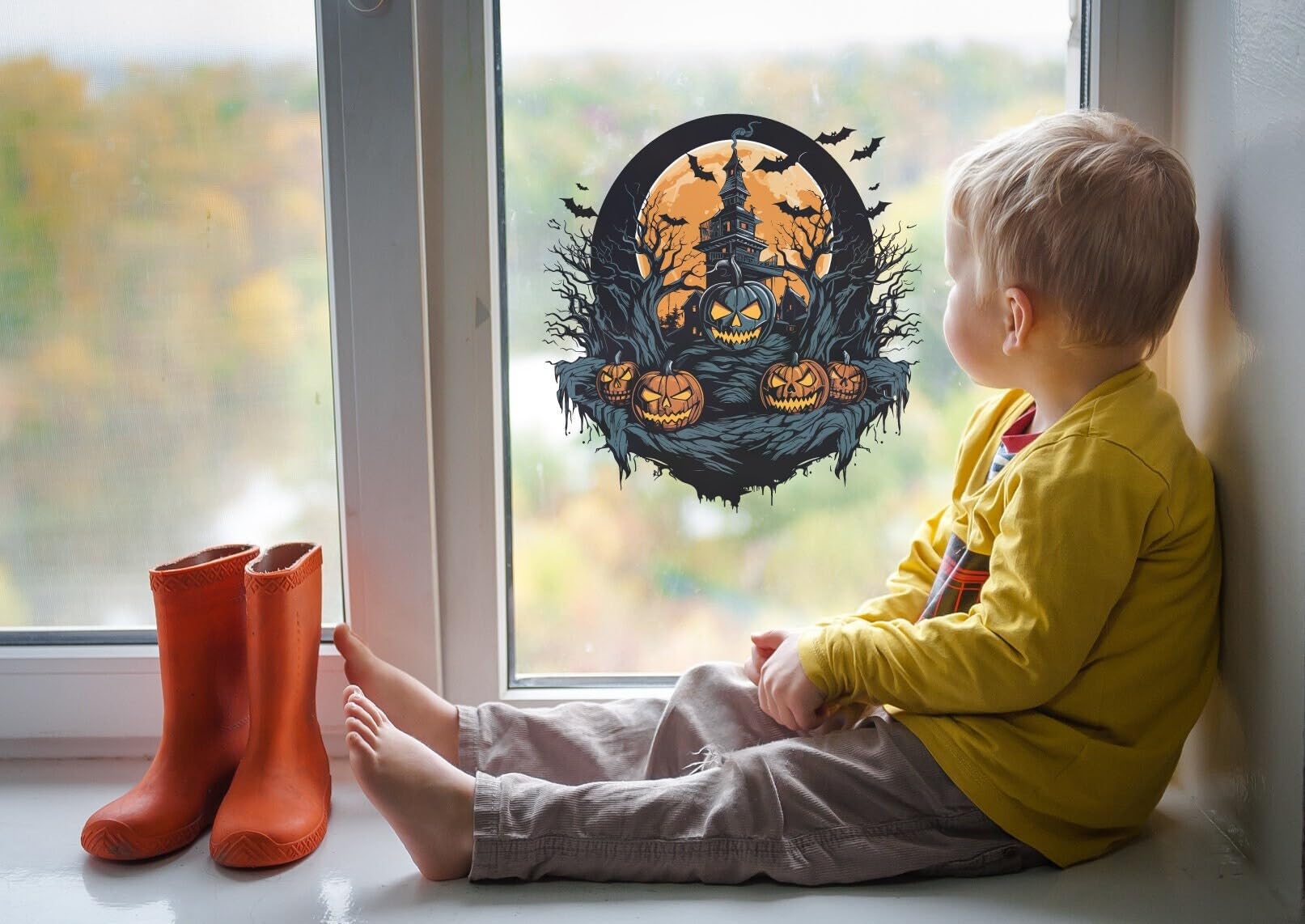 Quotemywall Black Halloween Window Sticker Decal - Haunted House With Bats & Creepy Pumpkins Removable Halloween Decor