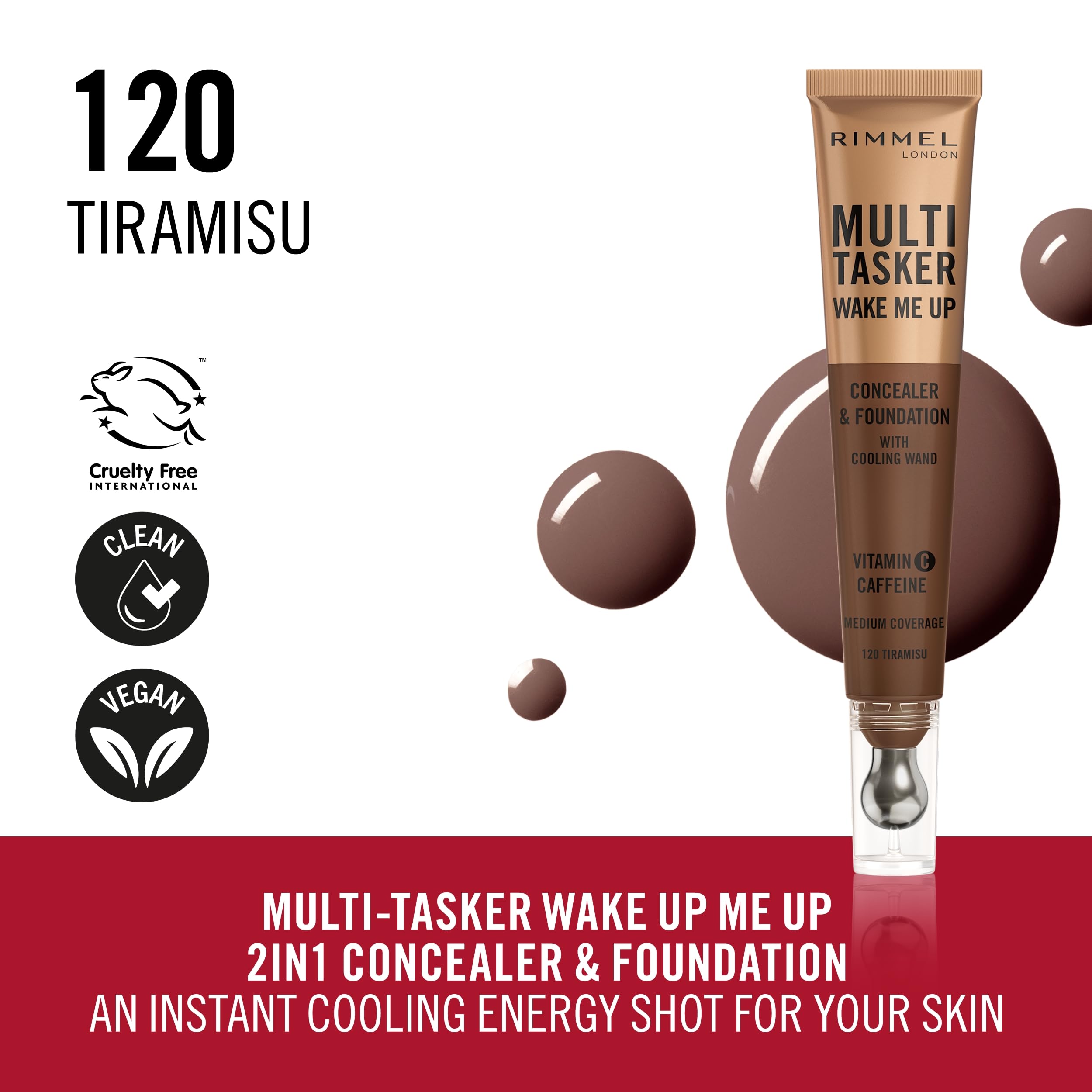 Rimmel Multi-Tasker Wake Me Up Foundation & Concealer 120 Tiramisu, Depuffs & Brightens Dark Circles - Image 4