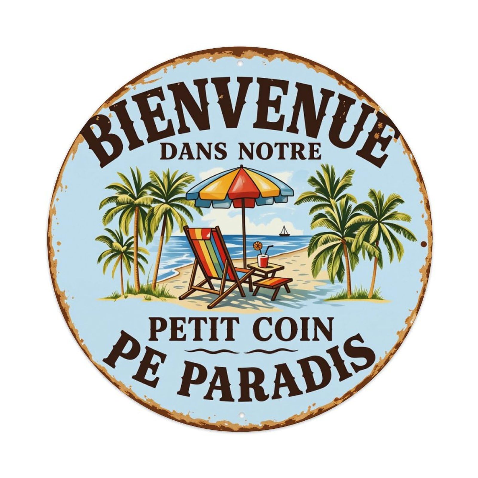 Beach Scene With Palm Trees And Umbrella Round Tin Sign Vintage Style Metal Sign Home Bar Garden Wall Plaque Decor Metal Poster 8x8 Inch