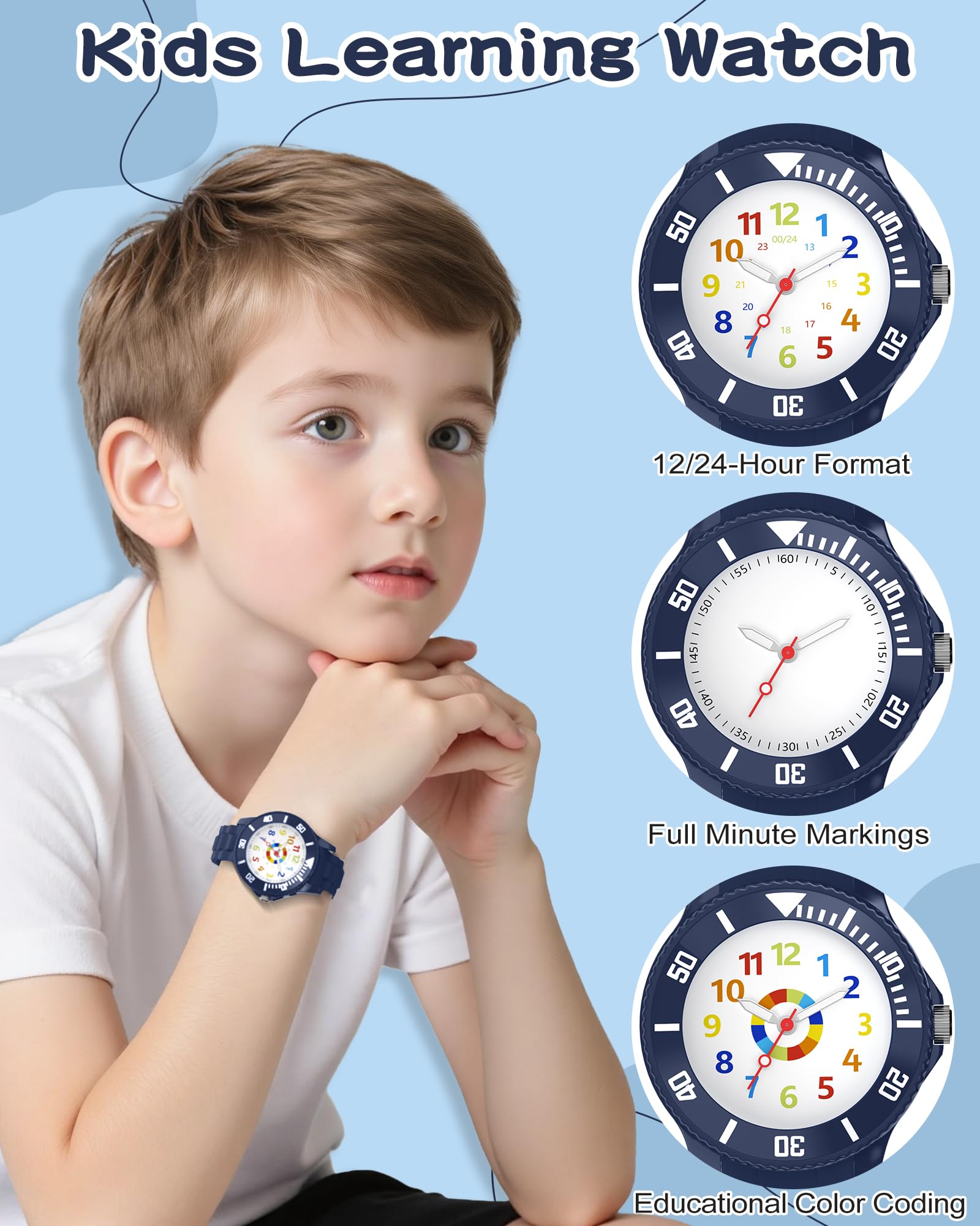 Kinderuhr Jungen Mädchen,Lernuhr Armbanduhr Kinder Analog mit 3ATM Wasserdicht,Weiches Band,Leicht Ablesbar 4-12 Jahre