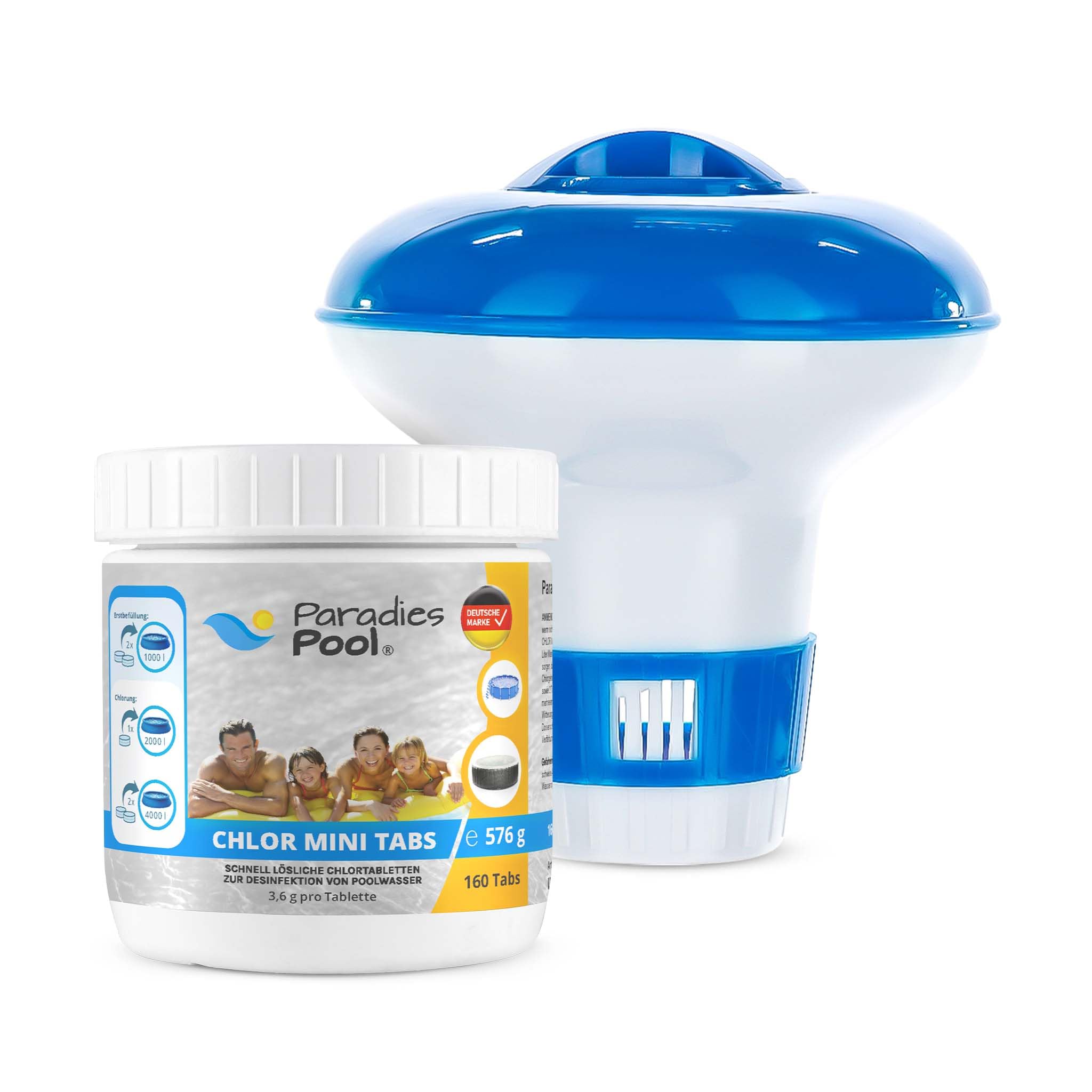 Dosierschwimmer klein + 160 Stück Mini Chlortabletten 3,6 g, Schnelllöslich, Desinfektion, Planschbecken, Minipool, Splashpool, Whirlpool, Frame Pool