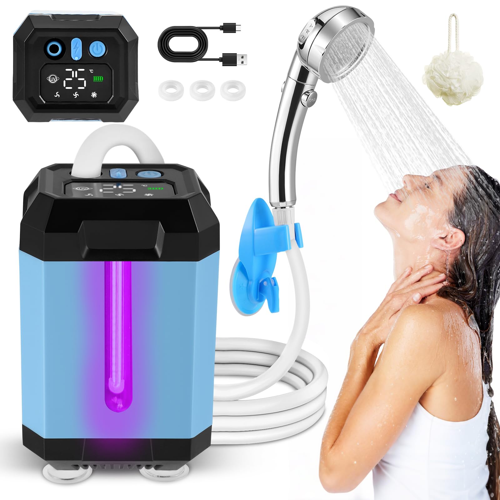 Doccia portatile da campeggio a batteria con pompa, funzione di sterilizzazione U-V, 5400 mAh, ricaricabile, con soffione e tubo da 2 m, indicatore di temperatura e potenza per campeggio, viaggi