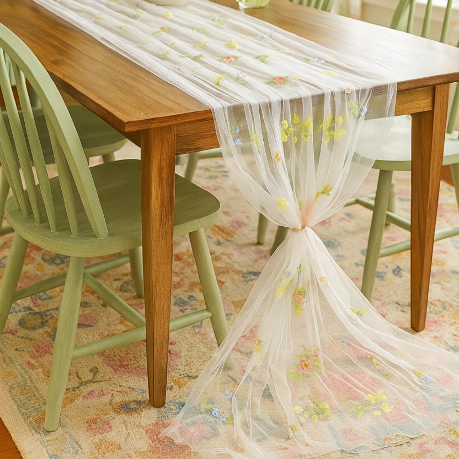 Photo 1 of Lounsweer Wildflower Table Runner 10ft/ 29 Inch x 120 Inch White Embroidery Wildflower Spring Summer Tulle Lace Runner for Table Wedding Bridal Baby Shower Holiday Dining Decor DIY